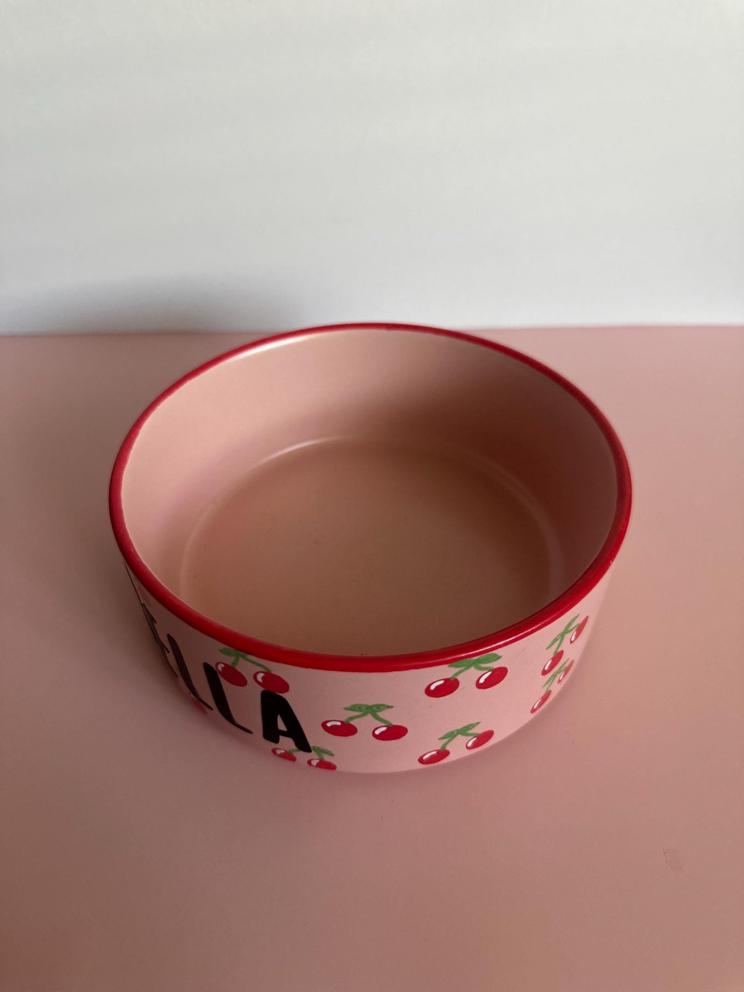 Personalized Pink Cherry Pet Bowl: Hand-Painted Ceramic Food or Water Dish
