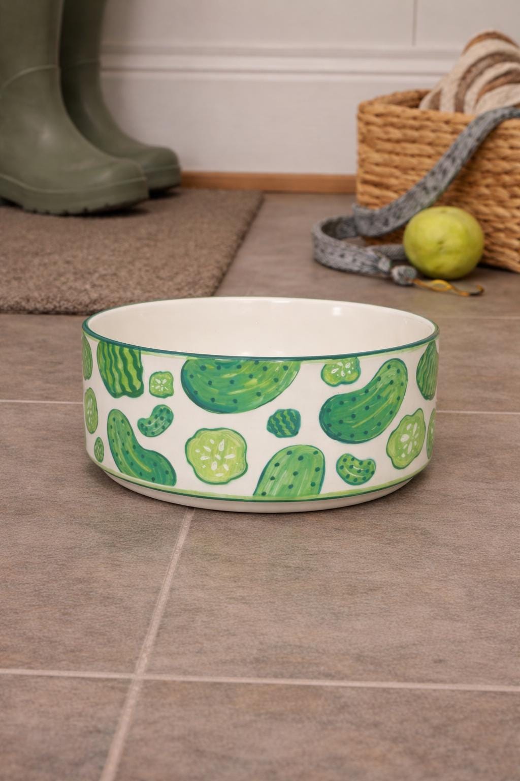 Hand Painted Pickle Dog Bowl, Custom Ceramic Pet Bowl, Green Pickle Pattern, Cute Dog Feeding Bowl, Gift for Dog Lovers