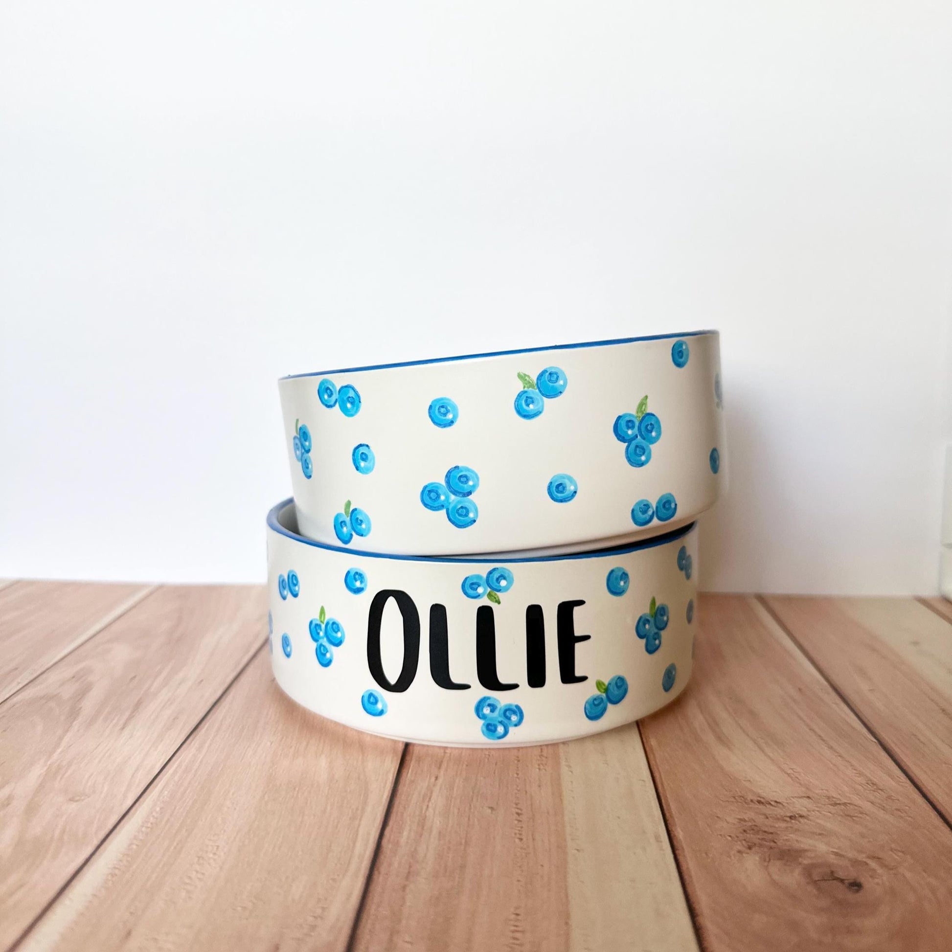 Personalized Hand-Painted Ceramic Pet Bowl Set: Blueberry Design