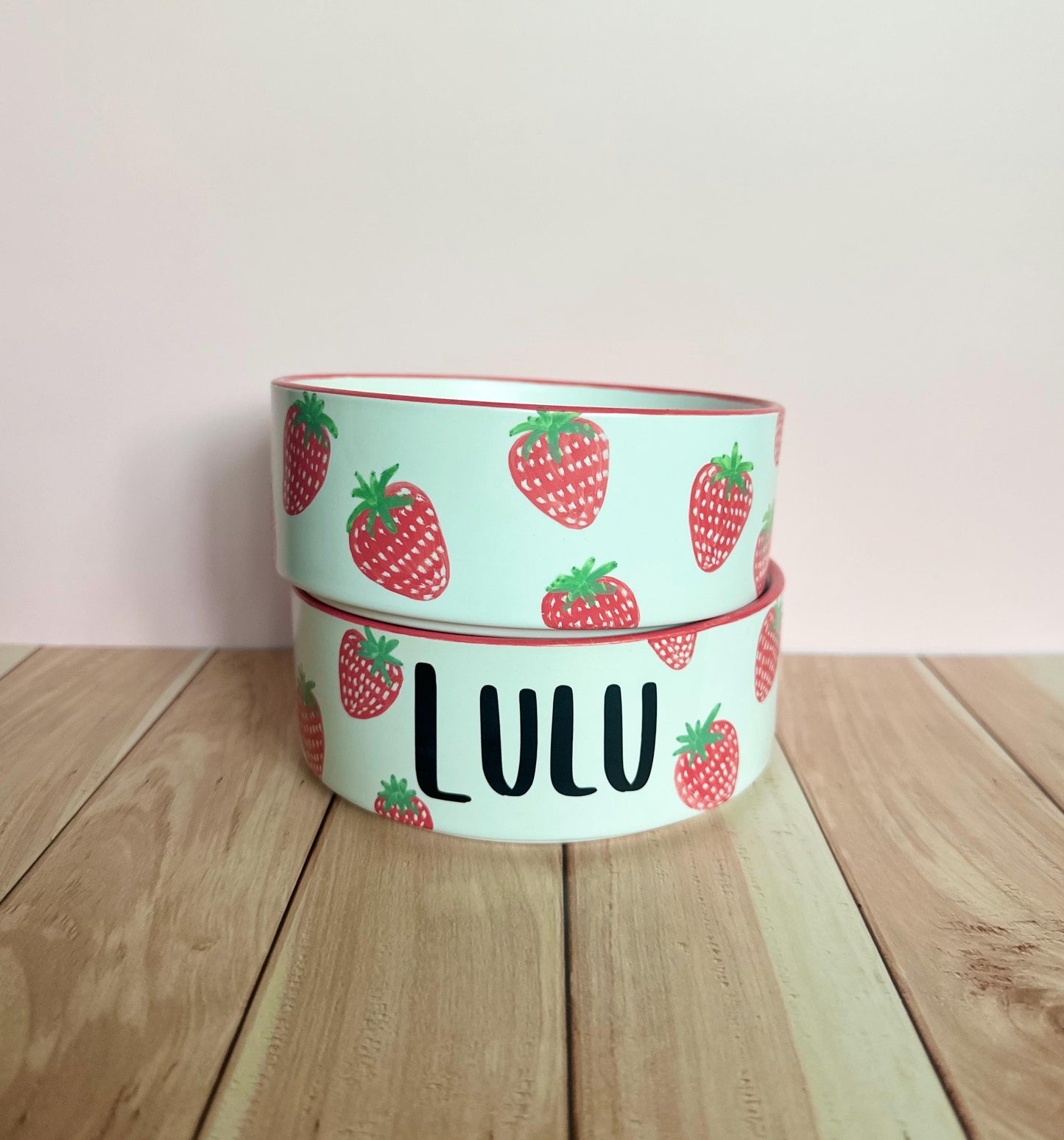 Personalized Hand-Painted Strawberry Pet Bowl Set: Custom Ceramic Food & Water Dish