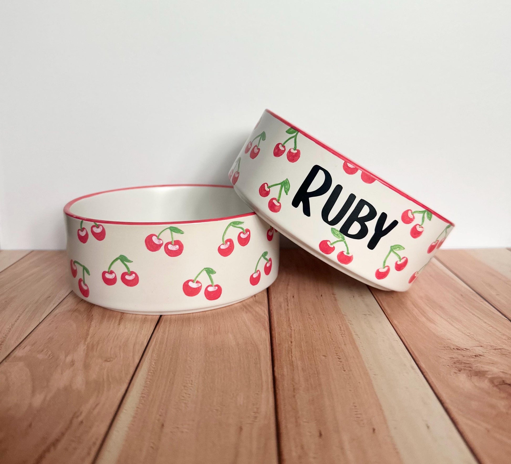 Personalized Hand-Painted Ceramic Pet Bowl Set: Cherry Design