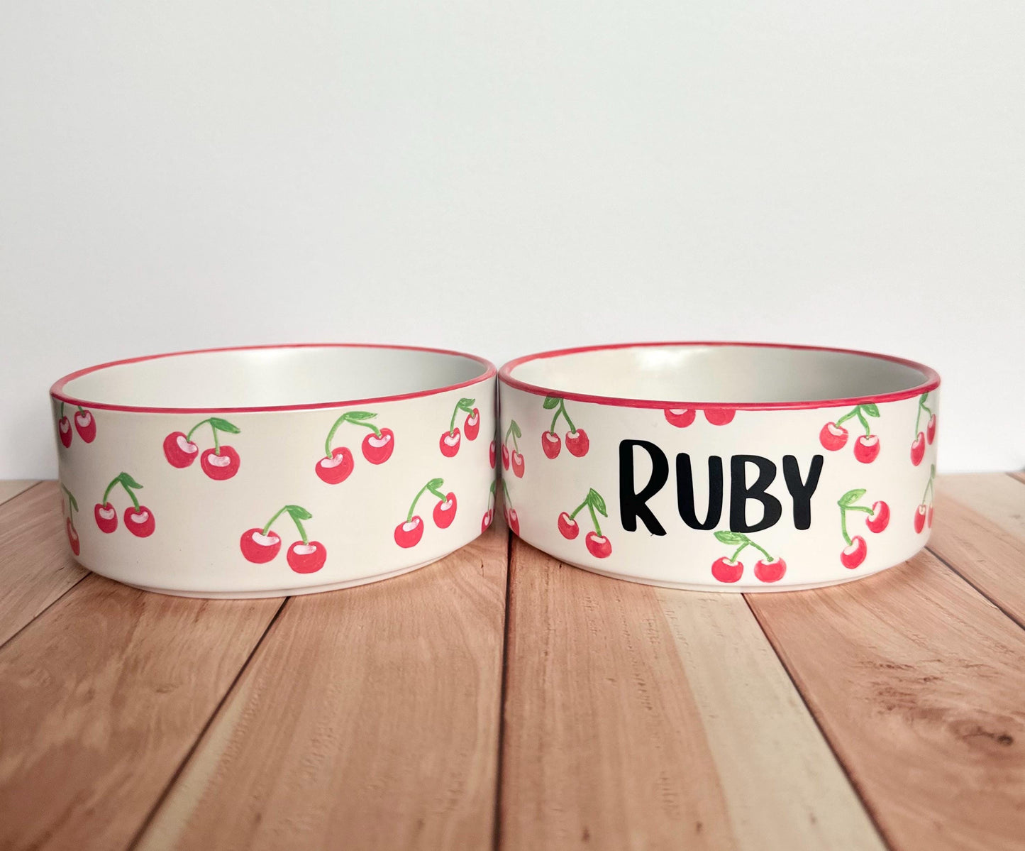Personalized Hand-Painted Ceramic Pet Bowl Set: Cherry Design