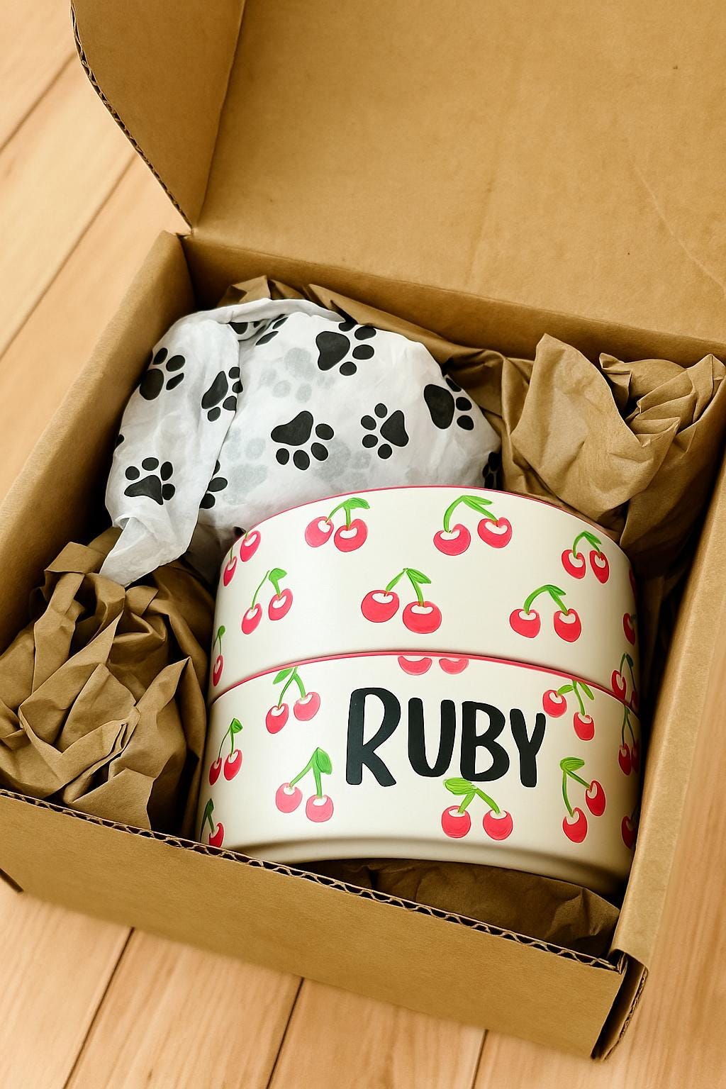 Personalized Hand-Painted Ceramic Pet Bowl Set: Cherry Design