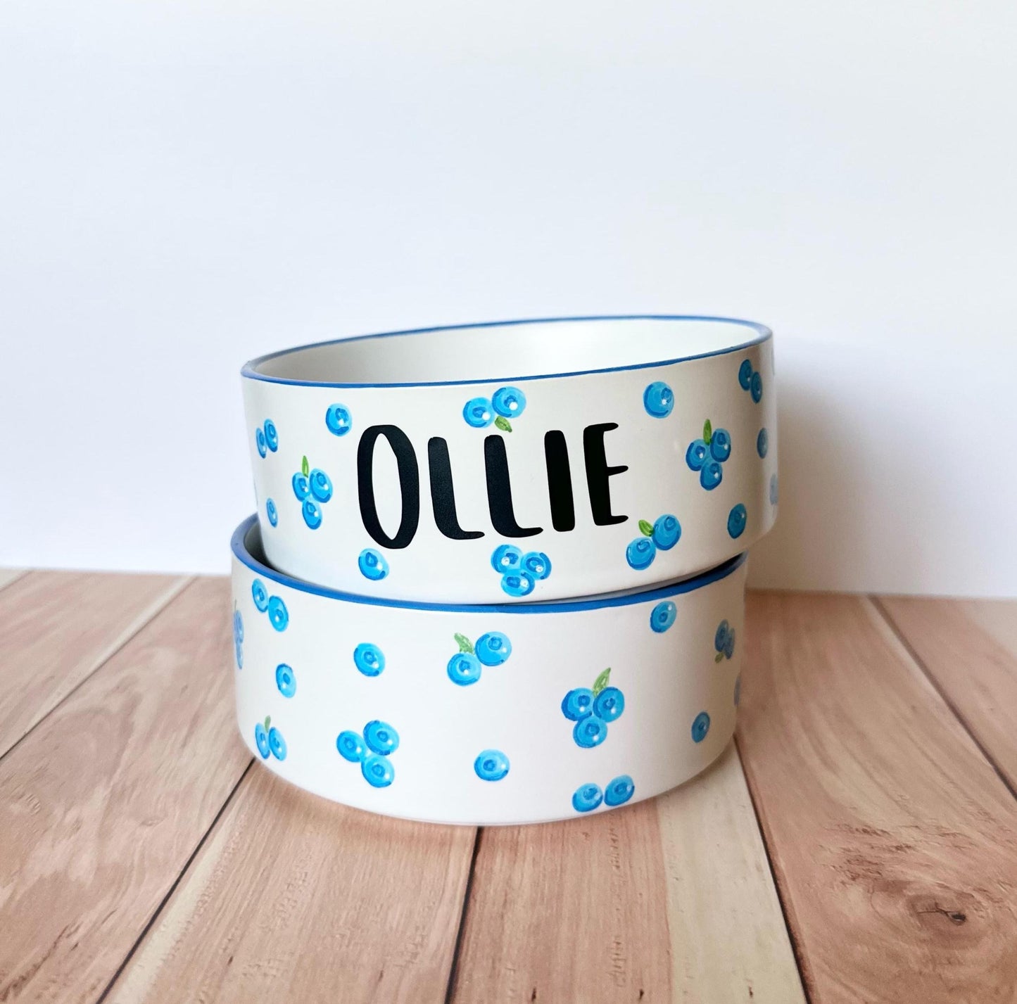 Personalized Hand-Painted Ceramic Pet Bowl Set: Blueberry Design