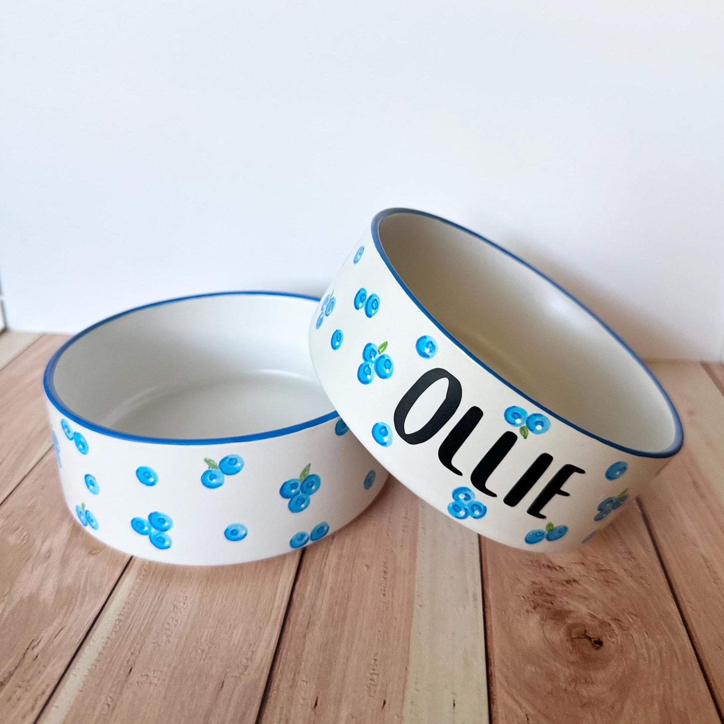 Personalized Hand-Painted Ceramic Pet Bowl Set: Blueberry Design