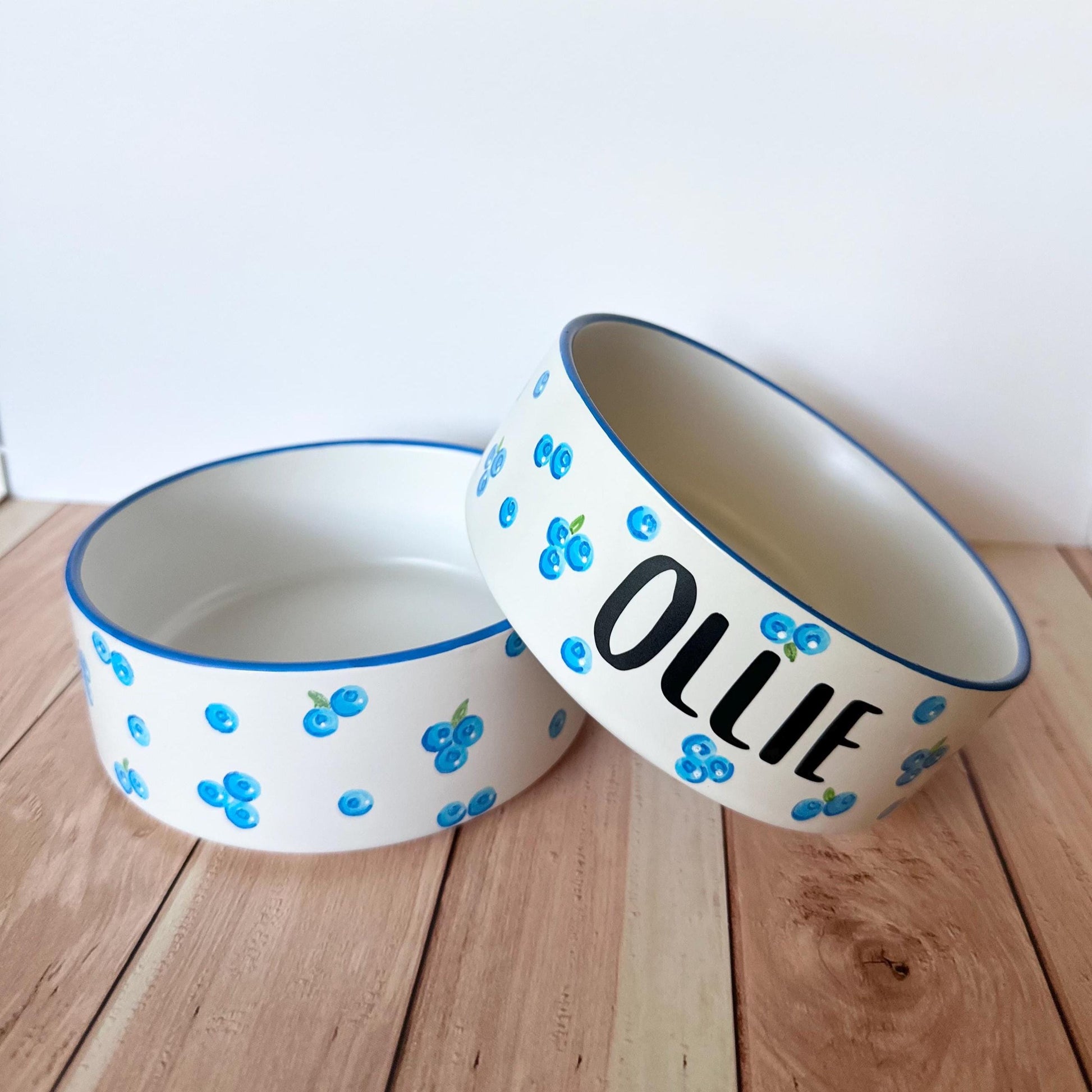 Personalized Hand-Painted Ceramic Pet Bowl Set: Blueberry Design