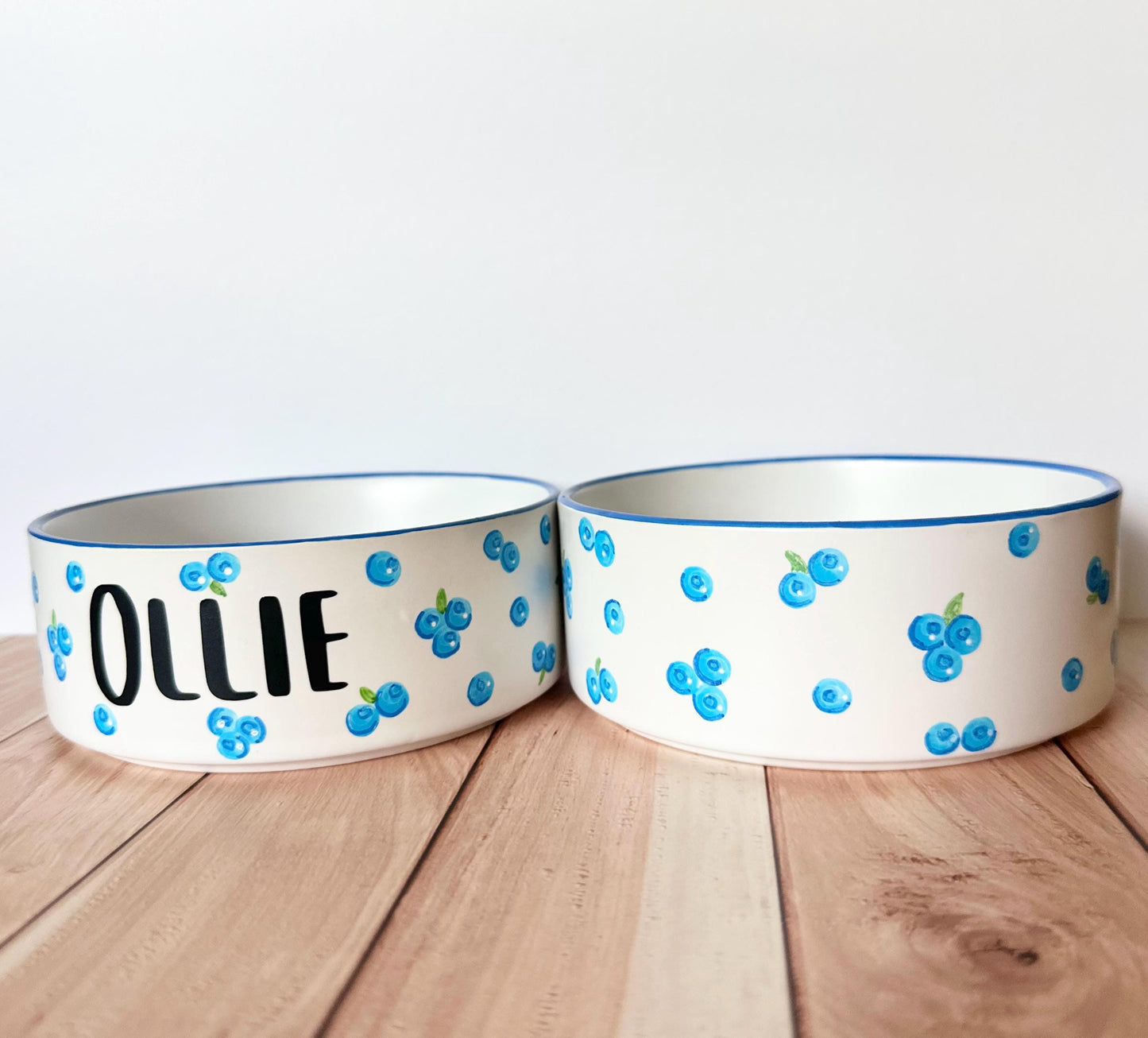 Personalized Hand-Painted Ceramic Pet Bowl Set: Blueberry Design
