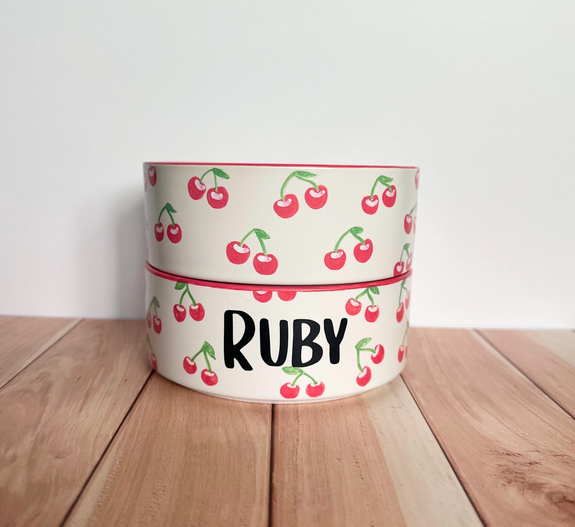 Personalized Hand-Painted Ceramic Pet Bowl Set: Cherry Design