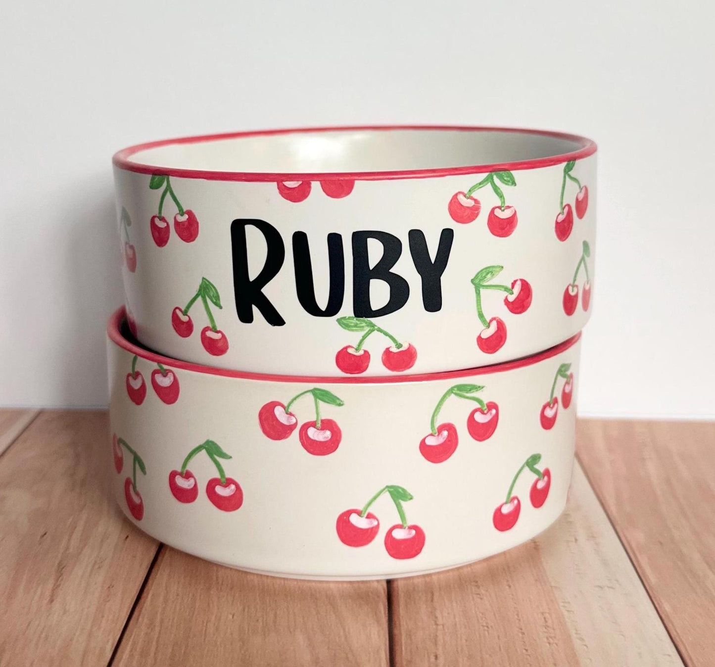 Personalized Hand-Painted Ceramic Pet Bowl Set: Cherry Design