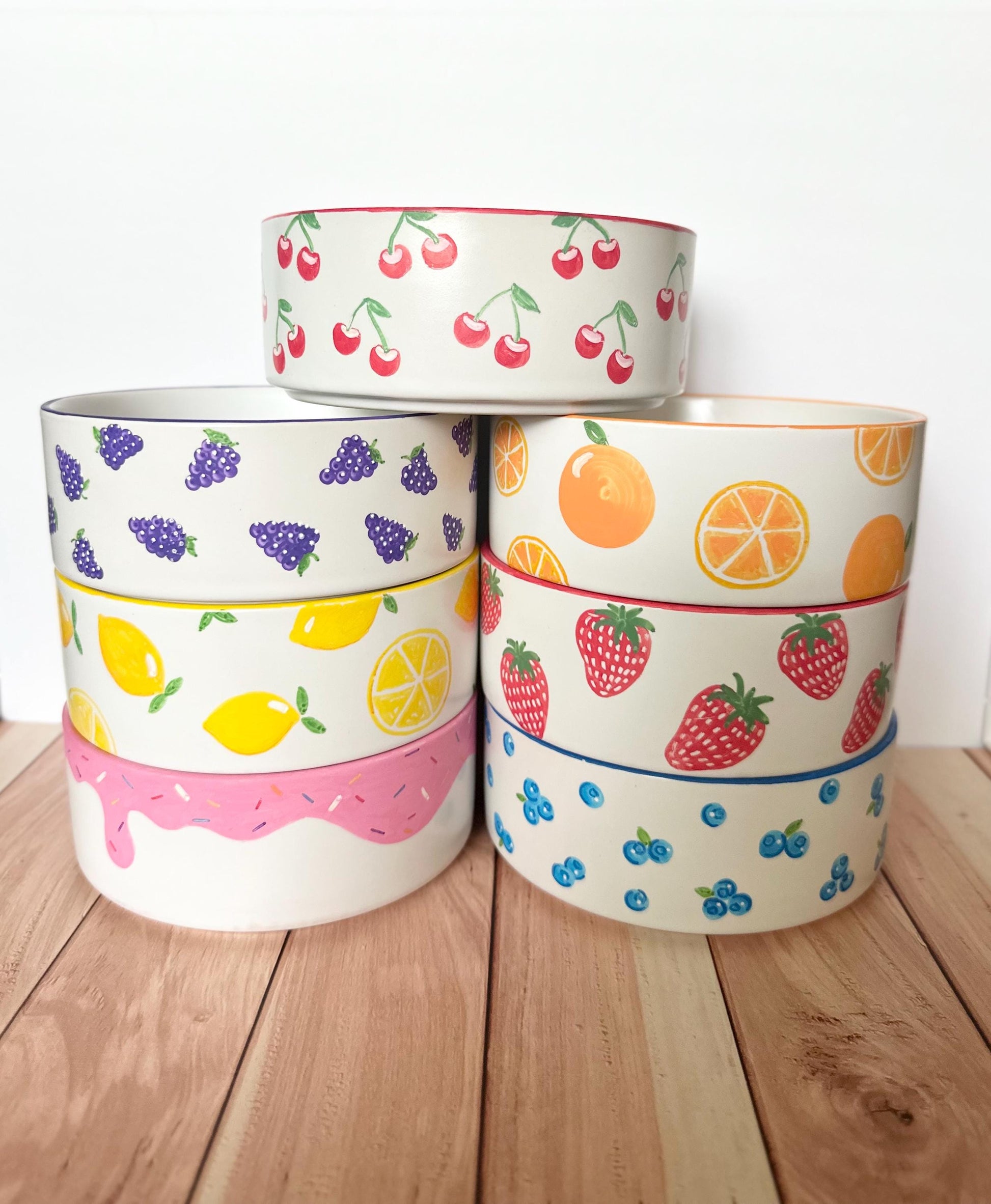 Personalized Hand-Painted Ceramic SMALL Dog and Cat Bowl Set: Fruit Design, Custom Name