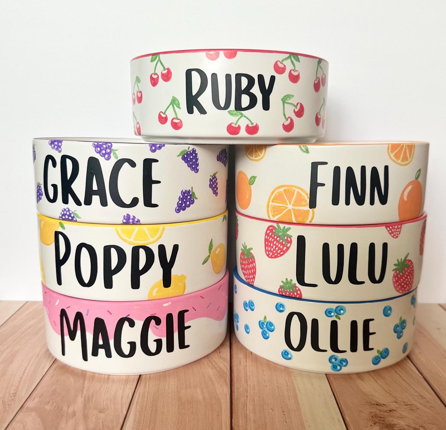 Personalized Hand-Painted Ceramic SMALL Dog and Cat Bowl Set: Fruit Design, Custom Name