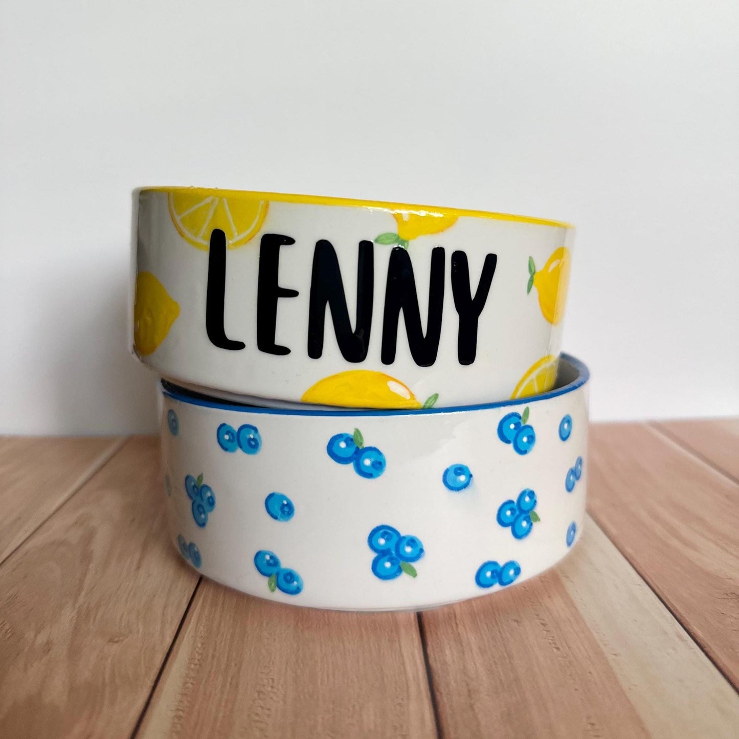 Personalized Hand-Painted Ceramic SMALL Dog and Cat Bowl Set: Fruit Design, Custom Name
