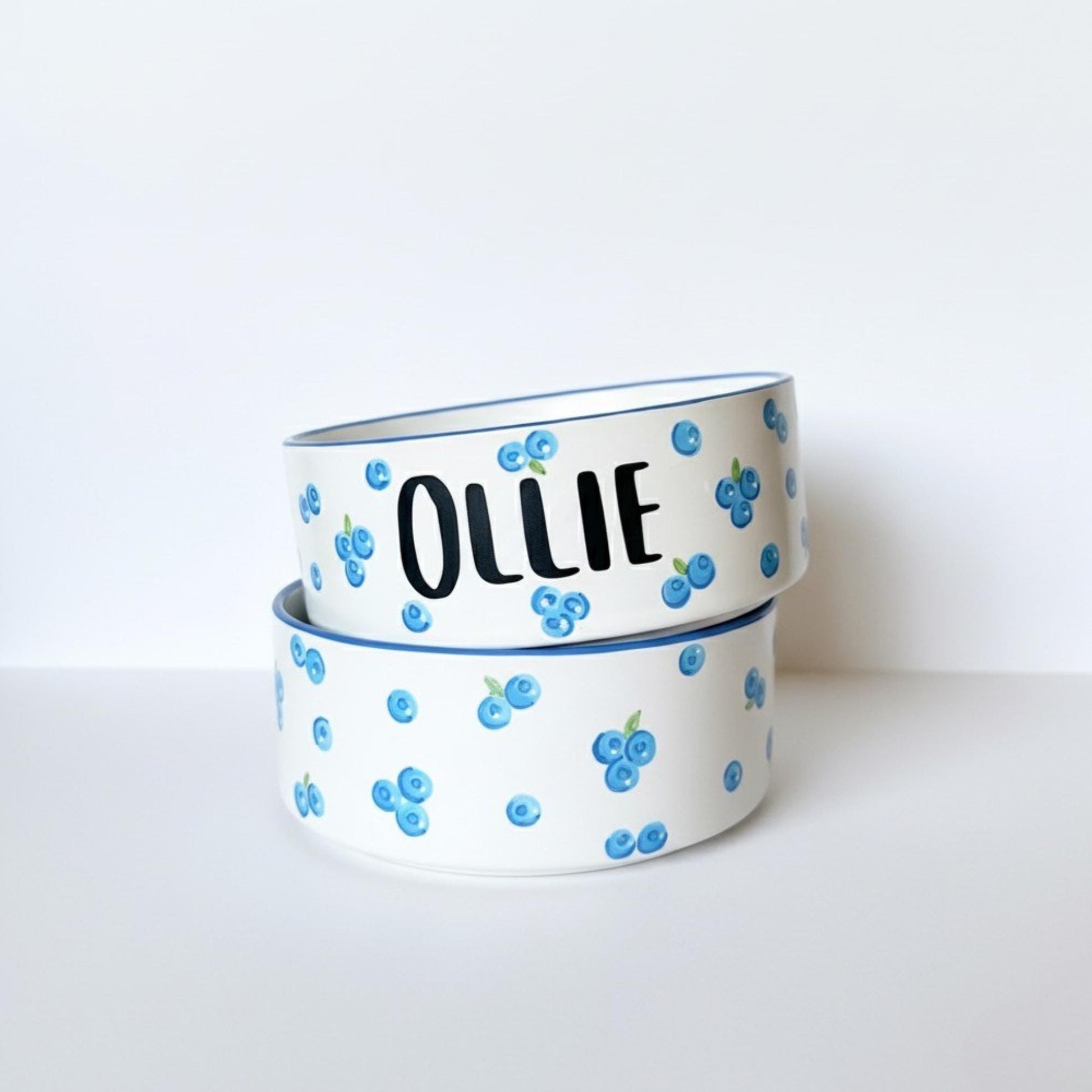 Personalized Hand-Painted Ceramic Pet Bowl Set: Blueberry Design