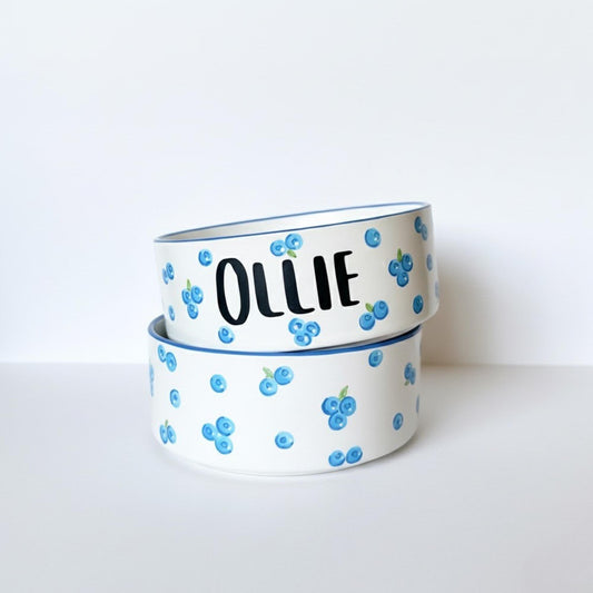 Personalized Hand-Painted Ceramic Pet Bowl Set: Blueberry Design