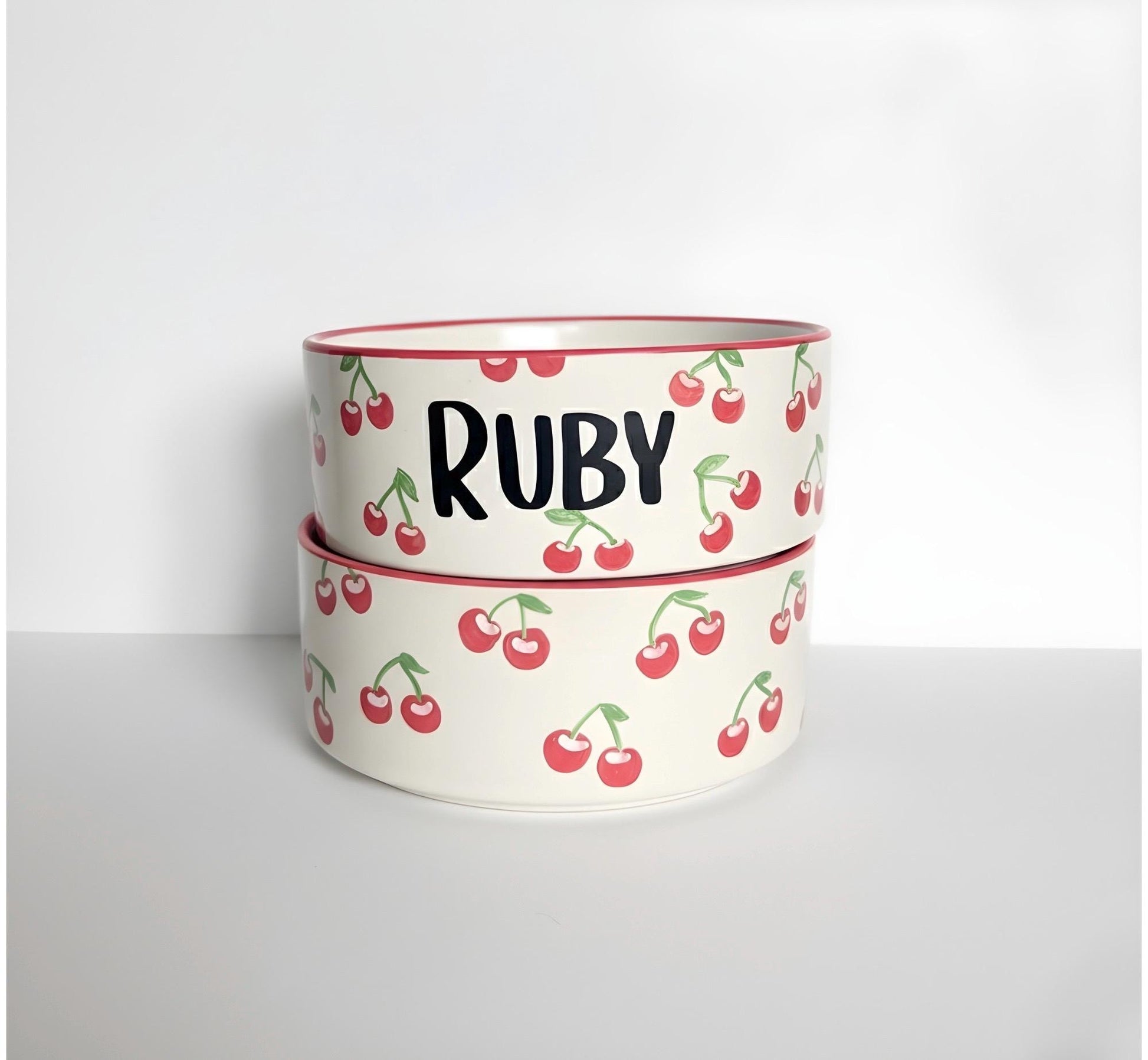 Personalized Hand-Painted Ceramic Pet Bowl Set: Cherry Design