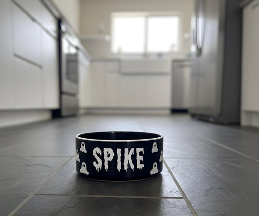 Personalized Hand-Painted Ceramic Pet Bowl: Spooky Ghost Halloween Design