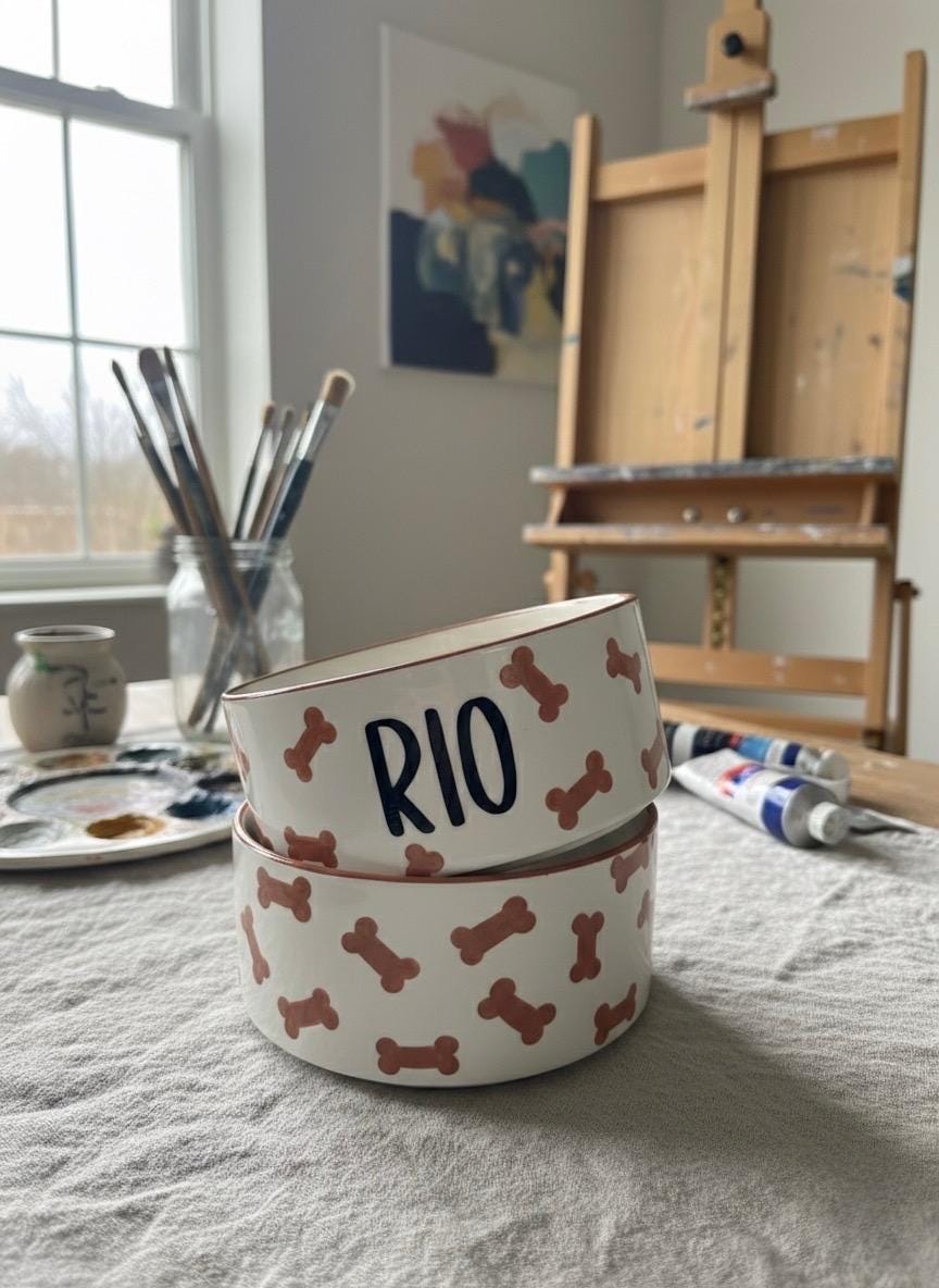 Custom Brown Dog Bone Bowl Set – Hand-Painted Ceramic Food & Water Dishes, Personalized Pet Gift for Dog Lovers