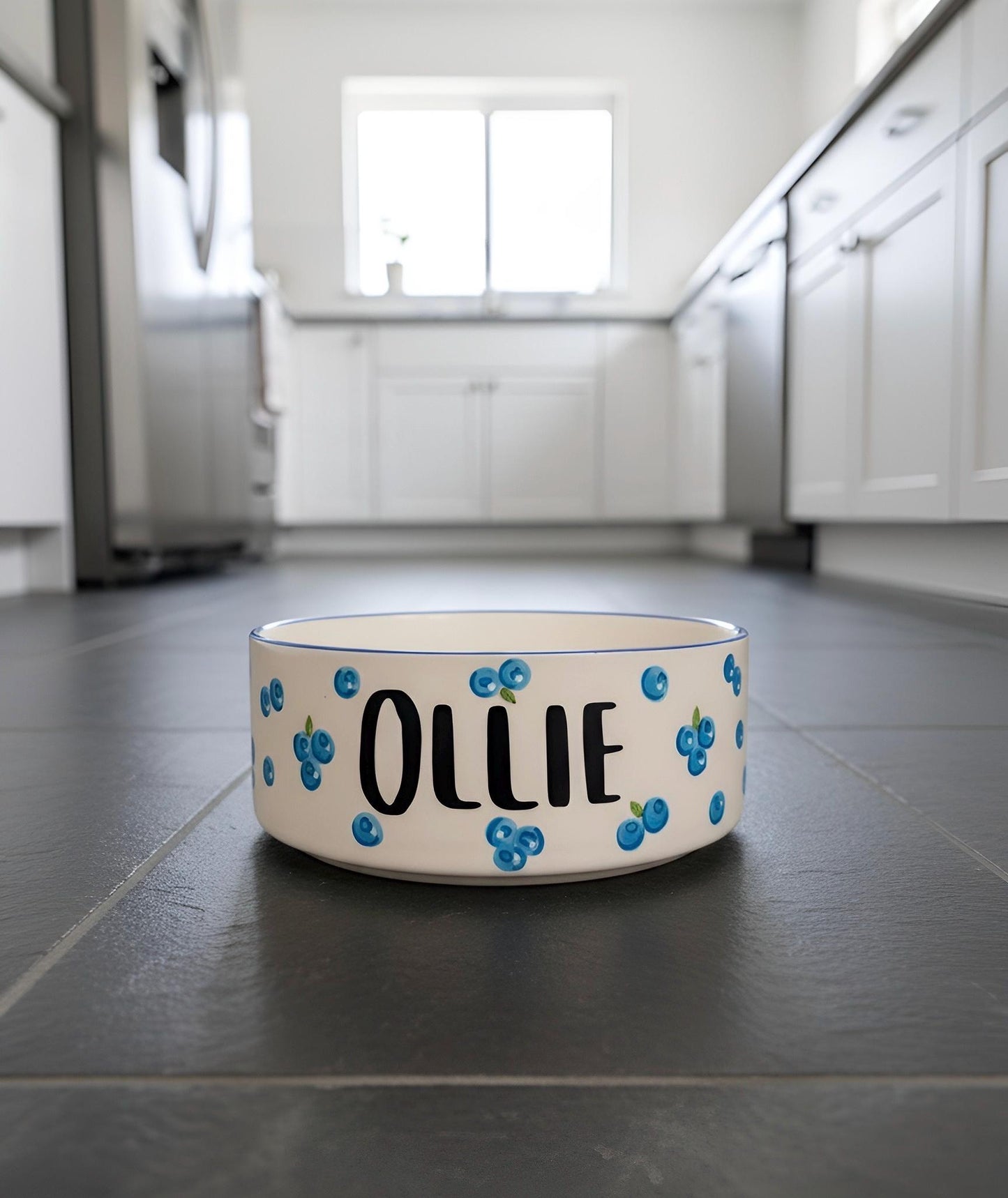 Personalized Hand-Painted Ceramic Pet Bowl: Blueberry Design