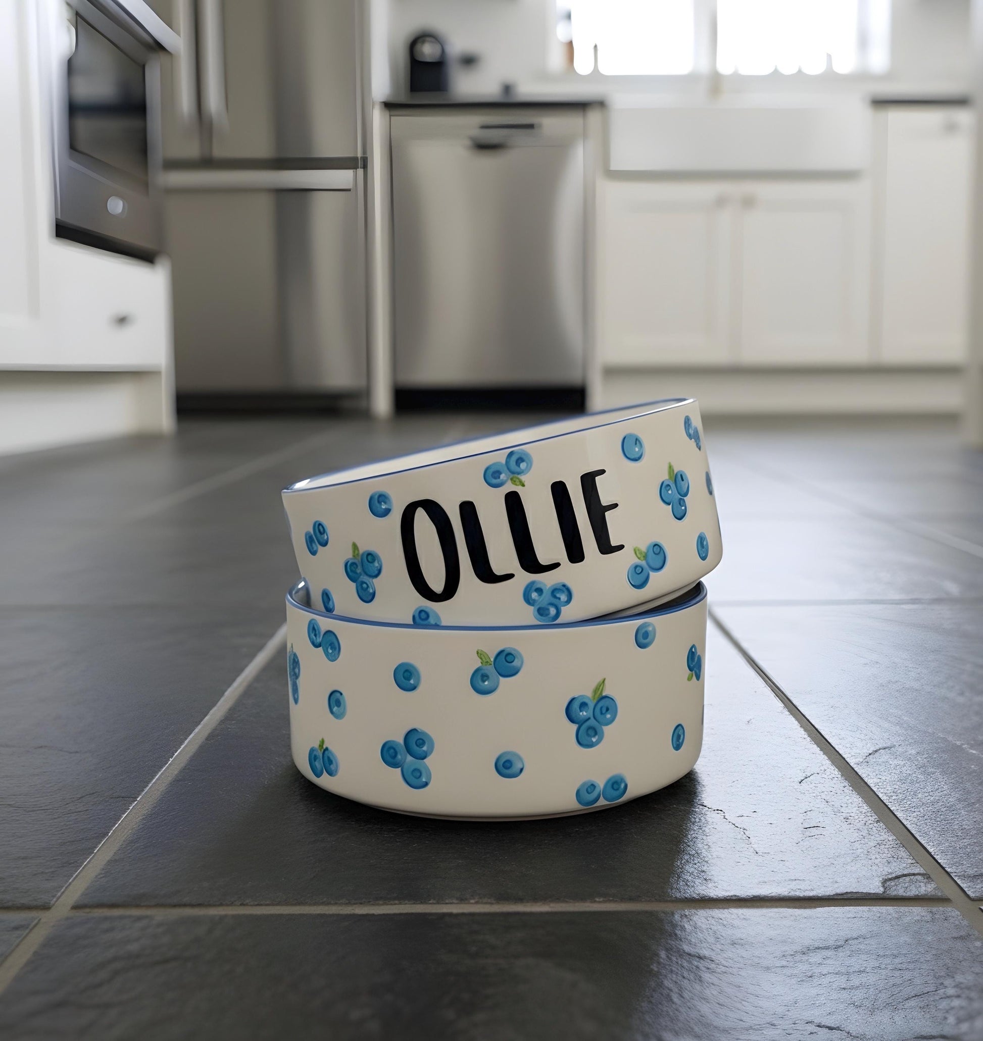 Personalized Hand-Painted Ceramic Pet Bowl Set: Blueberry Design