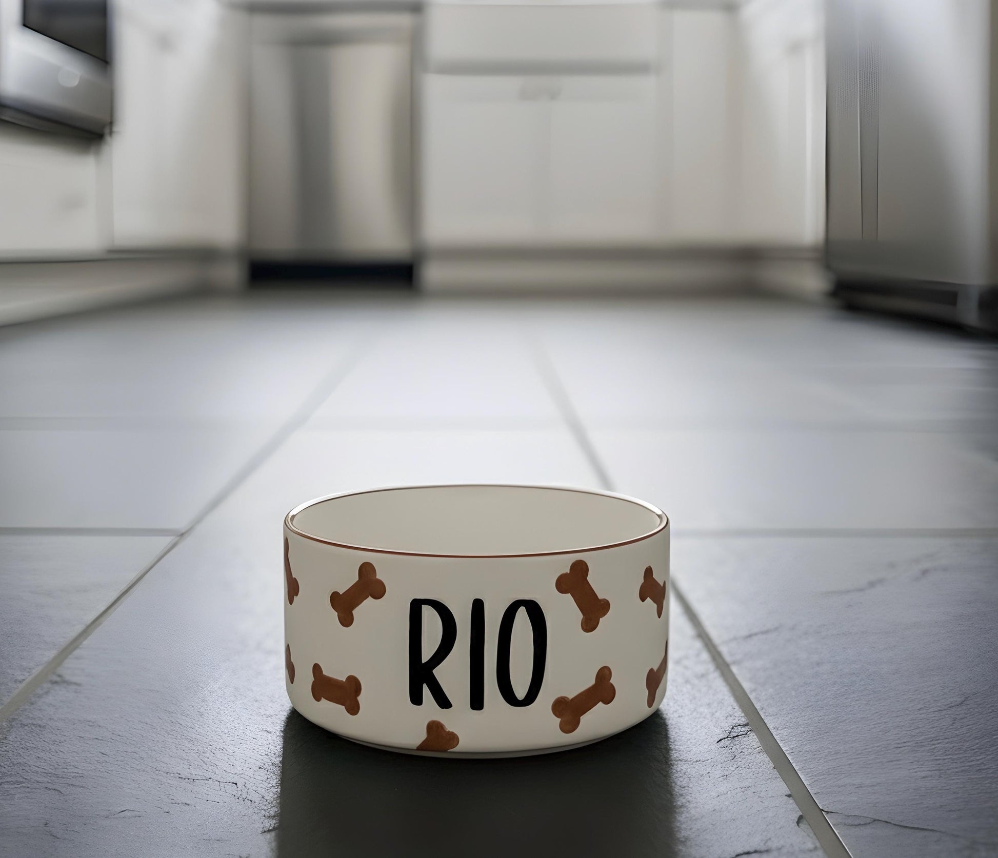Personalized Brown Dog Bone Bowl: Hand-Painted Ceramic Food and Water Dish
