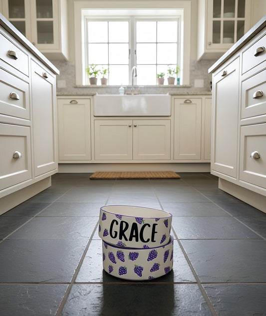 Personalized Hand-Painted Grape Pet Bowl Set: Custom Ceramic Food & Water Dish