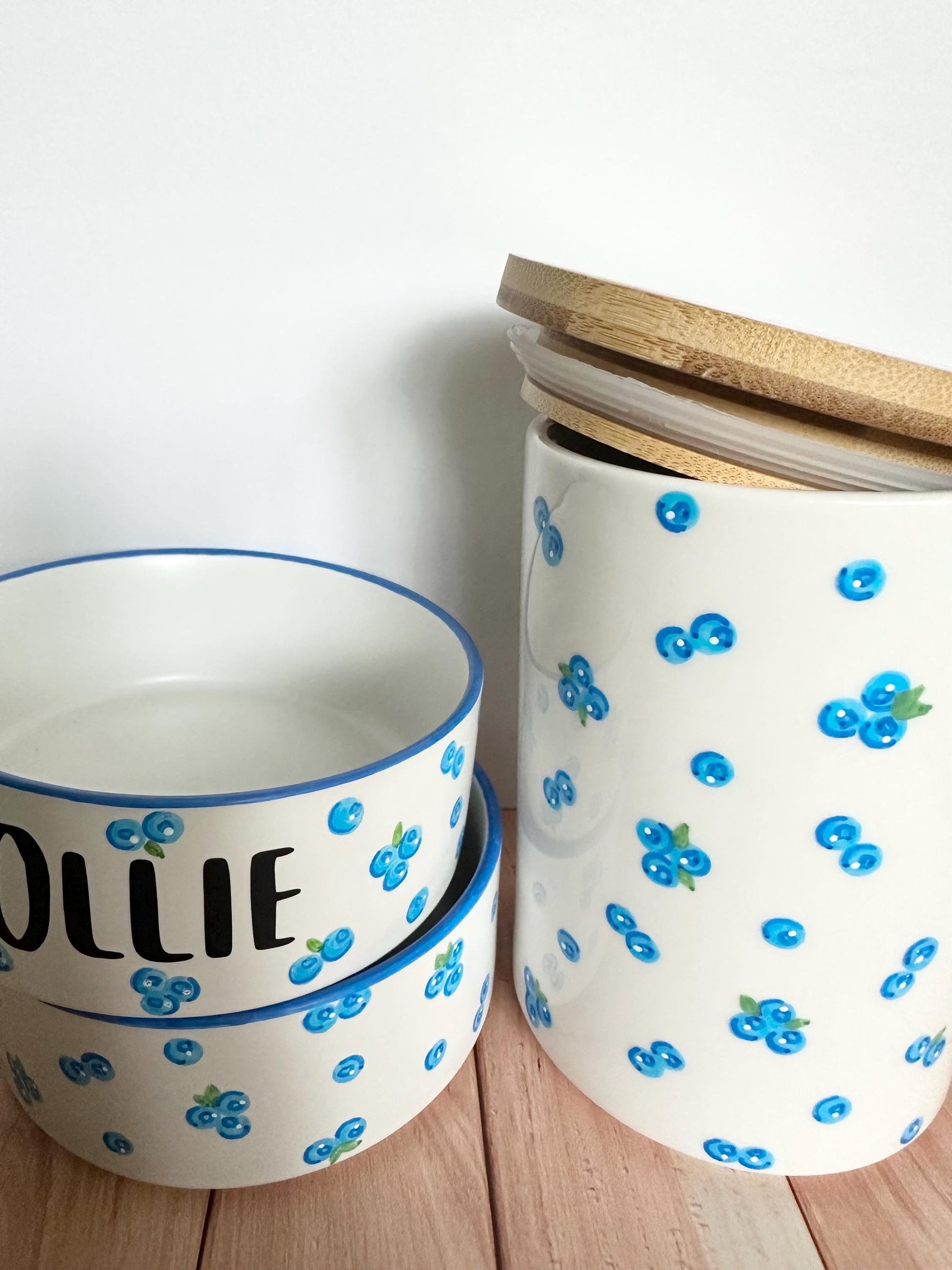 Personalized & Hand-painted Blueberry Pet Bowl Set SMALL with Treat Jar Bundle: Custom Pet Gift