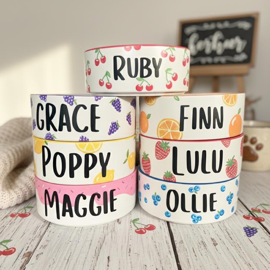 Personalized Hand-Painted Ceramic SMALL Dog and Cat Bowl Set: Fruit Design, Custom Name