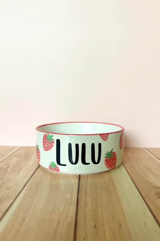 Personalized Strawberry Pet Bowl: Hand-Painted Ceramic Food or Water Dish