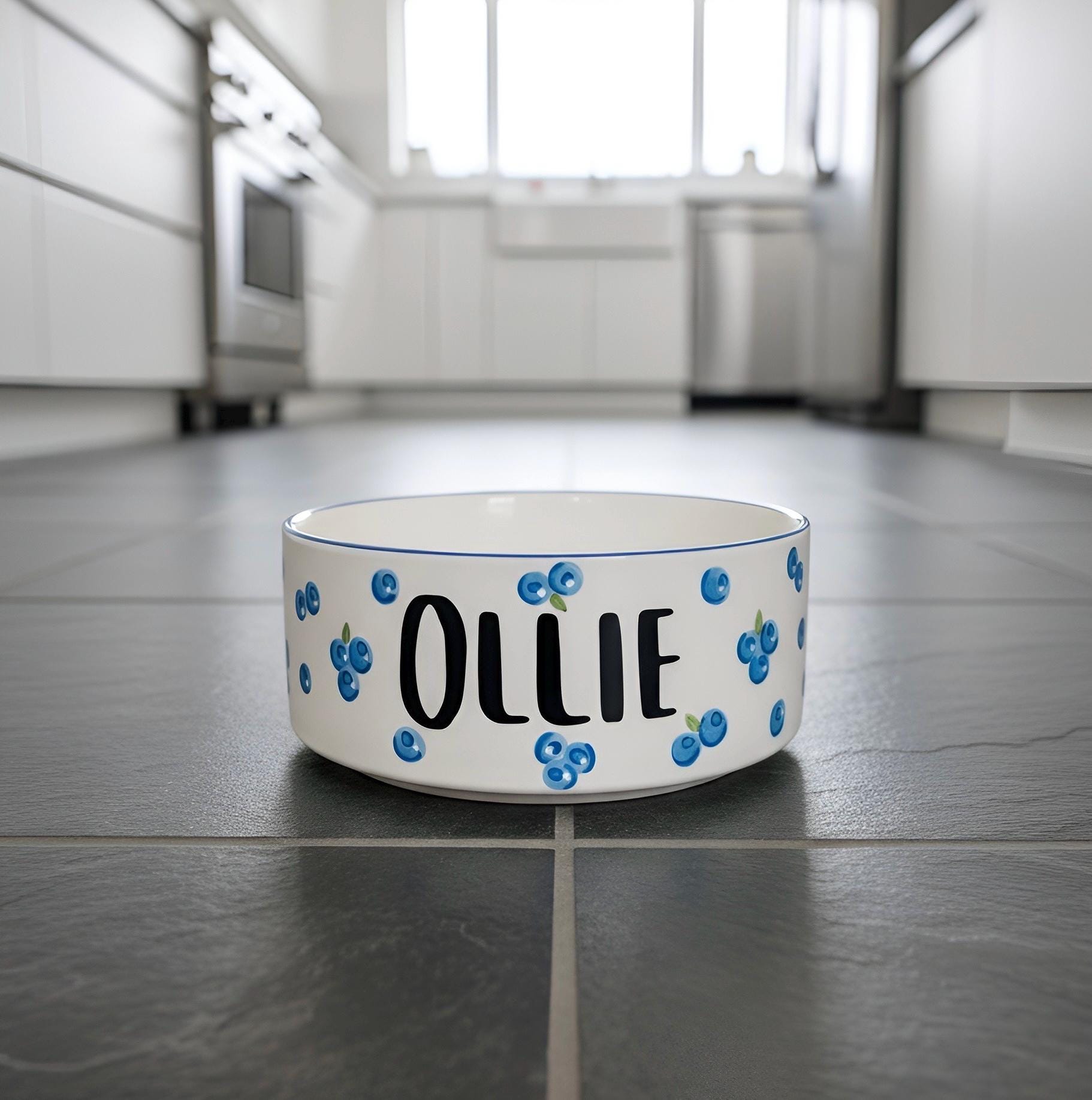 Personalized Hand-Painted Ceramic Pet Bowl: Blueberry Design