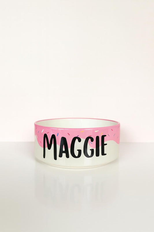 Personalized Donut Pet Bowl: Hand-Painted Ceramic Food or Water Dish