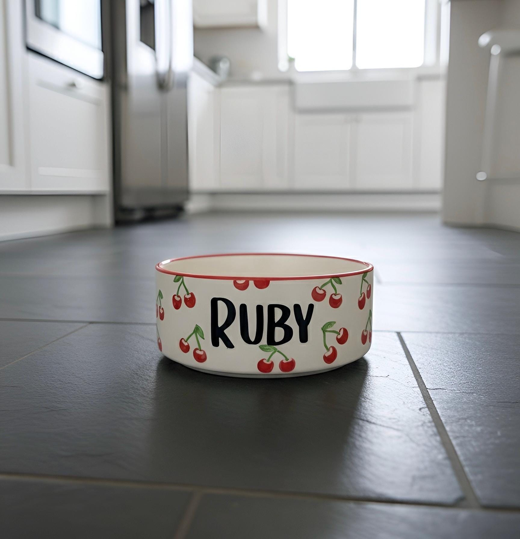 Personalized Hand-Painted Ceramic Pet Bowl: Cherry Design