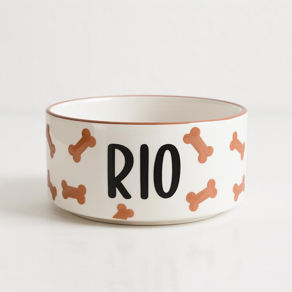 Personalized Brown Dog Bone Bowl: Hand-Painted Ceramic Food and Water Dish