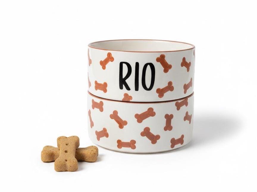 Custom Brown Dog Bone Bowl Set – Hand-Painted Ceramic Food & Water Dishes, Personalized Pet Gift for Dog Lovers
