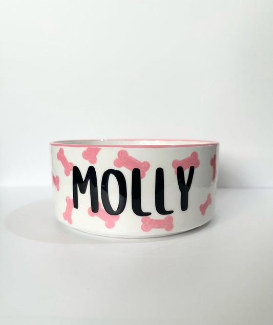 Personalized & Hand Painted Pink Bone Pet Bowl: Hand-Painted Ceramic Food or Water Dish