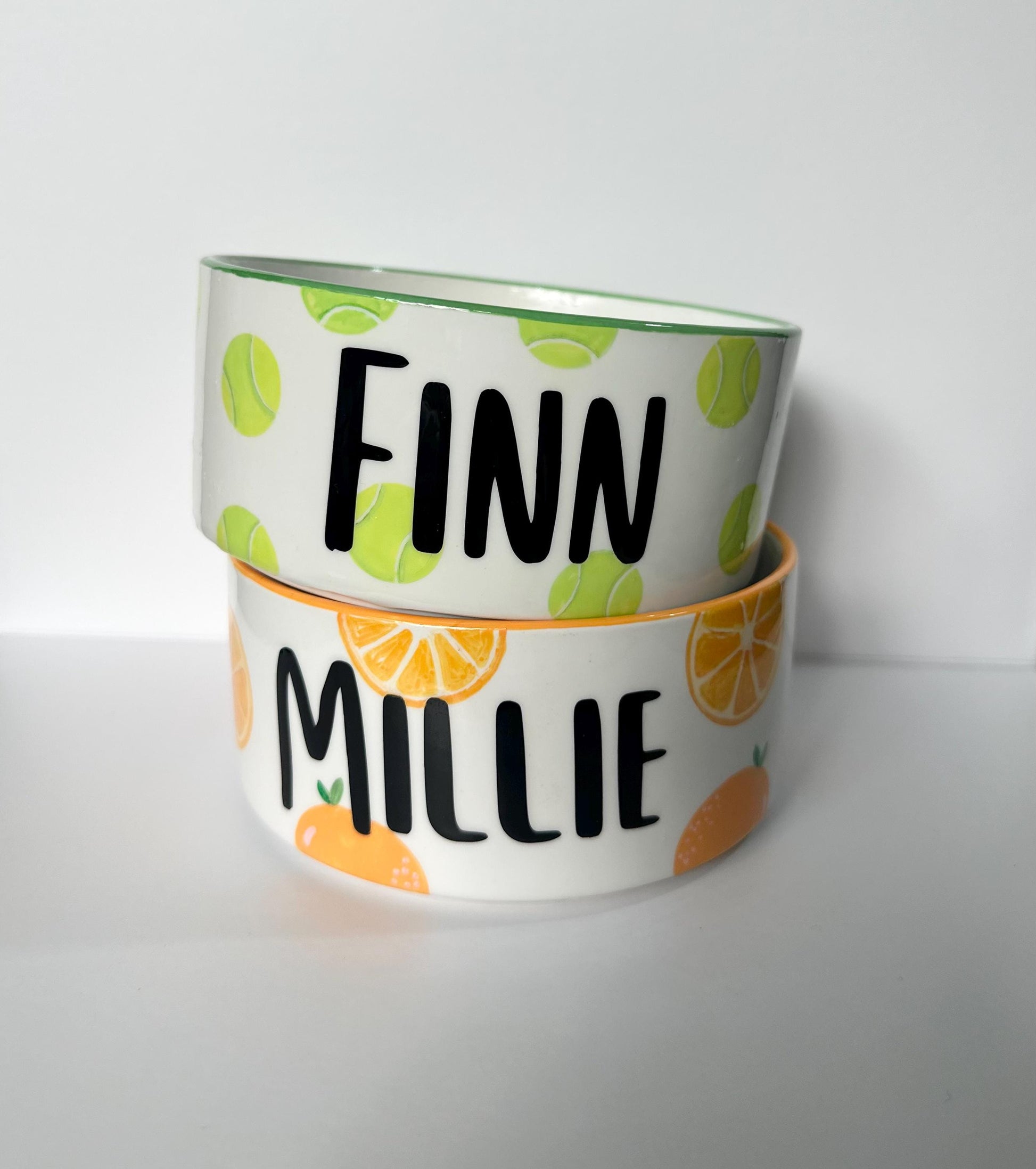 Personalized Hand-Painted Ceramic SMALL Dog and Cat Bowl Set: Fruit Design, Custom Name