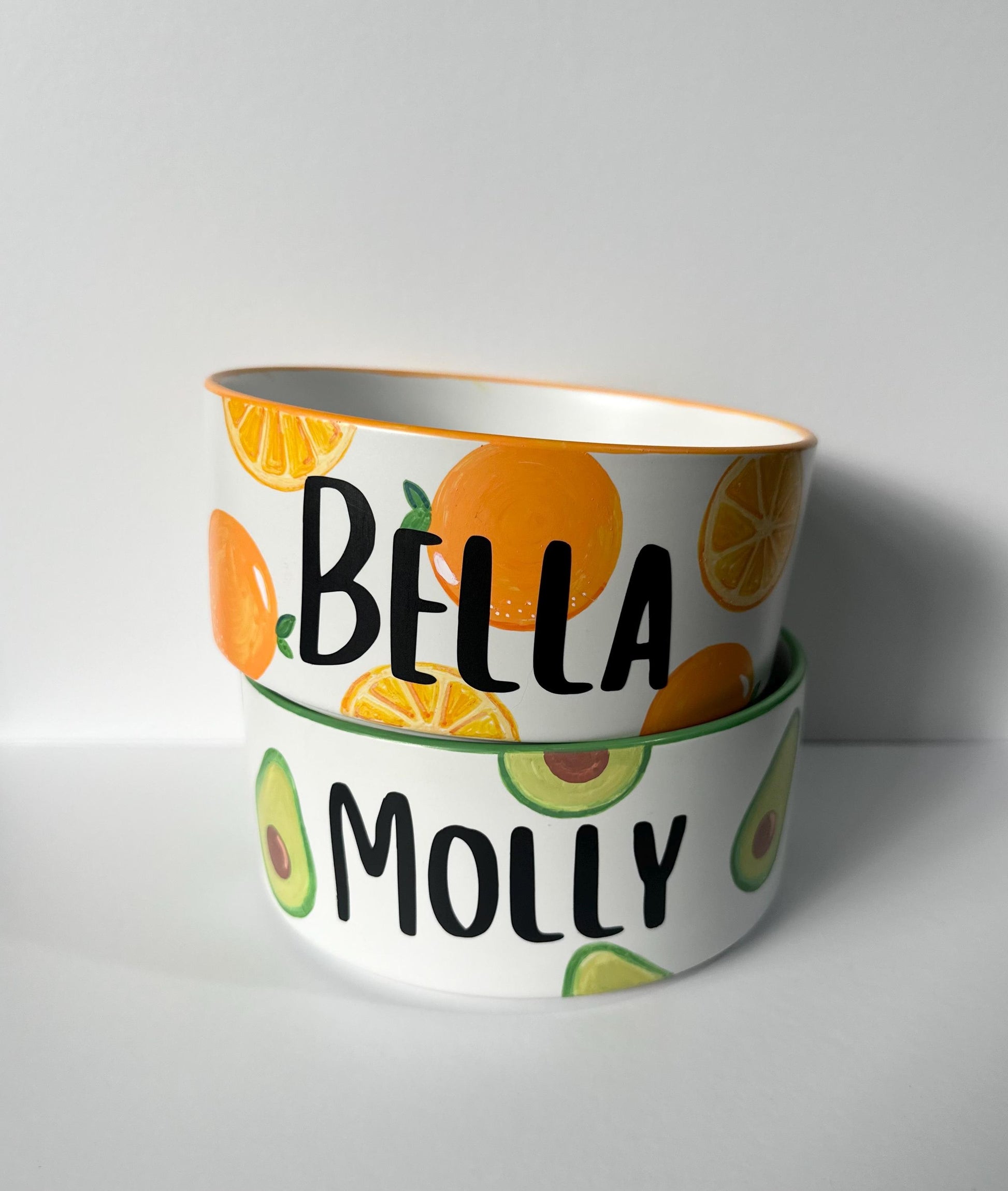 Personalized Hand-Painted Ceramic SMALL Dog and Cat Bowl Set: Fruit Design, Custom Name