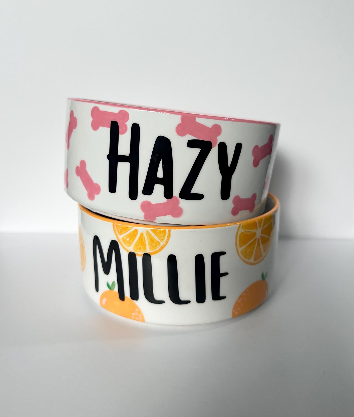 Personalized Hand-Painted Ceramic SMALL Dog and Cat Bowl Set: Fruit Design, Custom Name