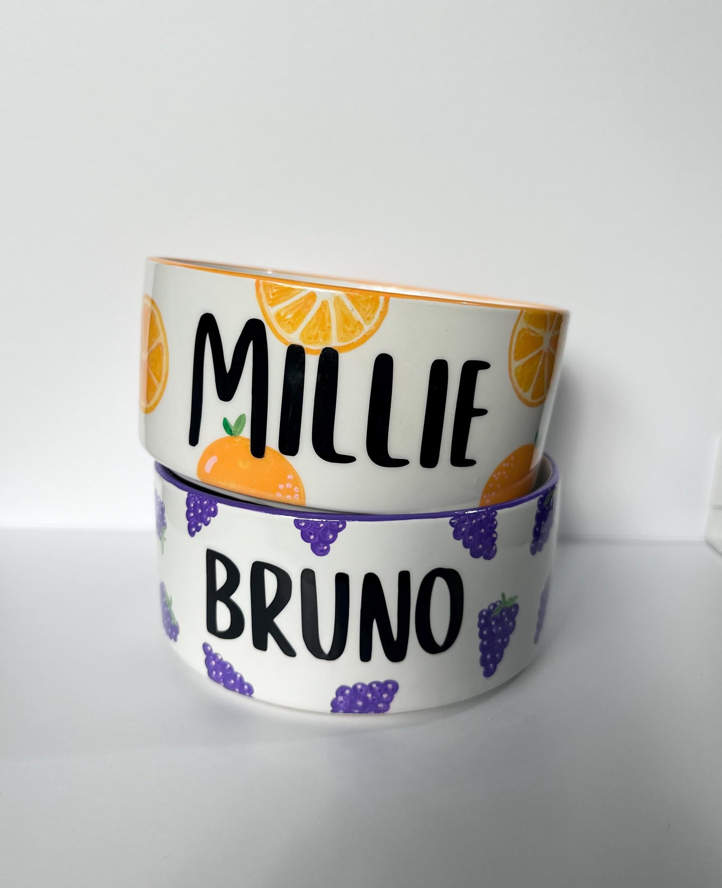 Personalized Hand-Painted Ceramic SMALL Dog and Cat Bowl Set: Fruit Design, Custom Name