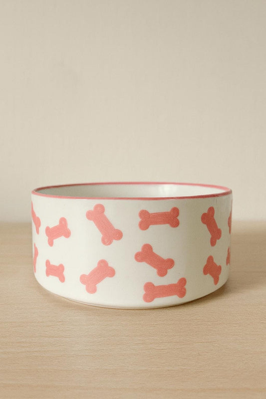 Hand-Painted Pink Dog Bones Bowl | Ceramic Food & Water Dish | Fun Pet Feeding Bowl