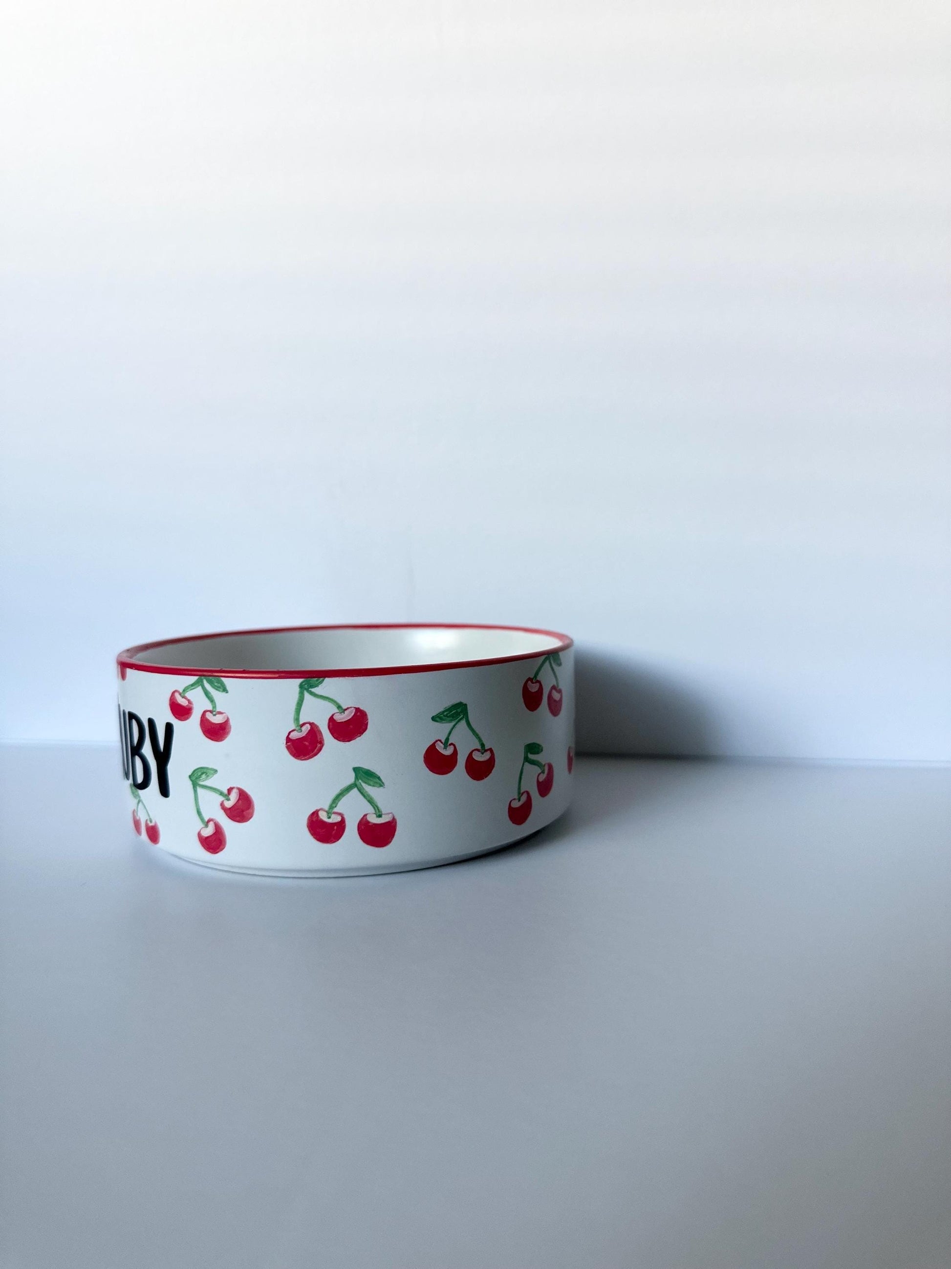 Personalized Hand-Painted Ceramic Pet Bowl: Cherry Design