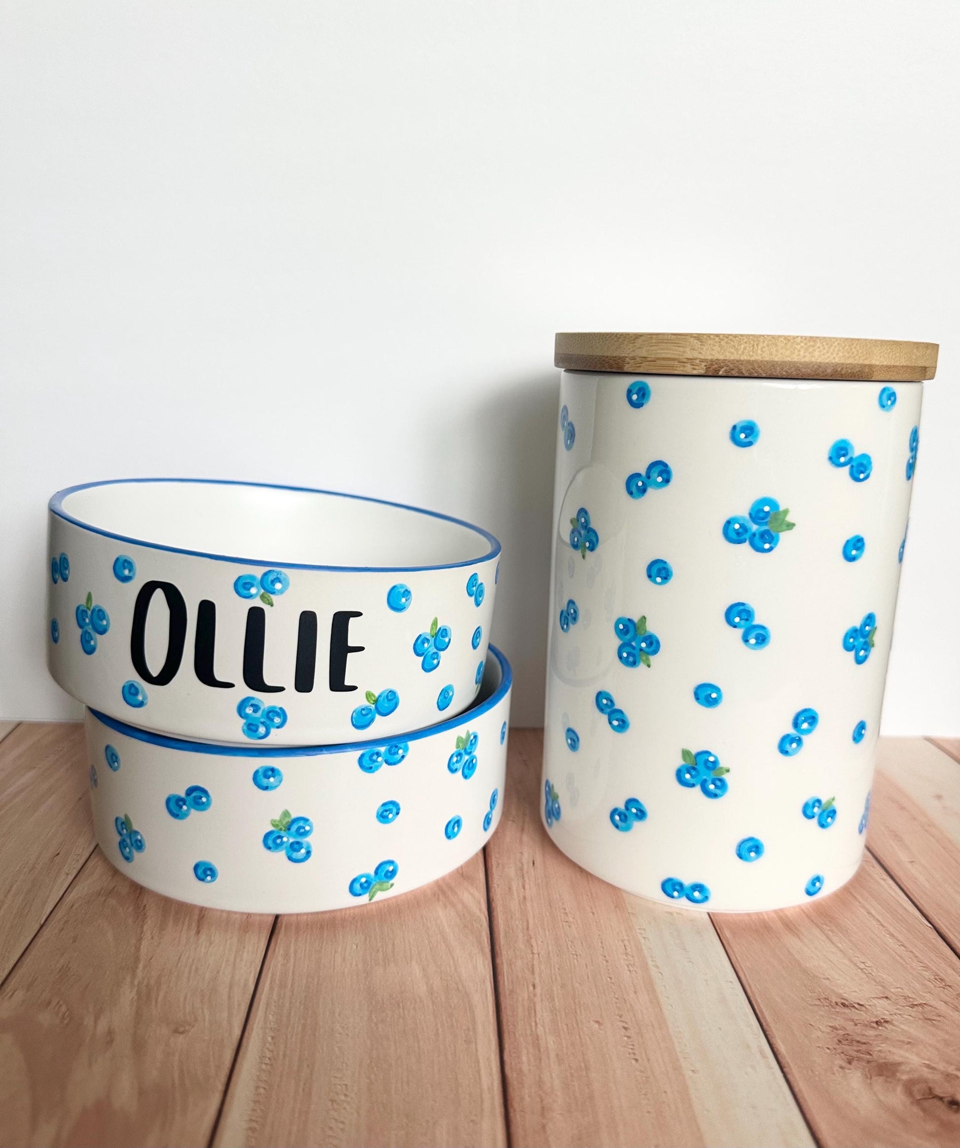 Personalized & Hand-painted Blueberry Pet Bowl Set SMALL with Treat Jar Bundle: Custom Pet Gift