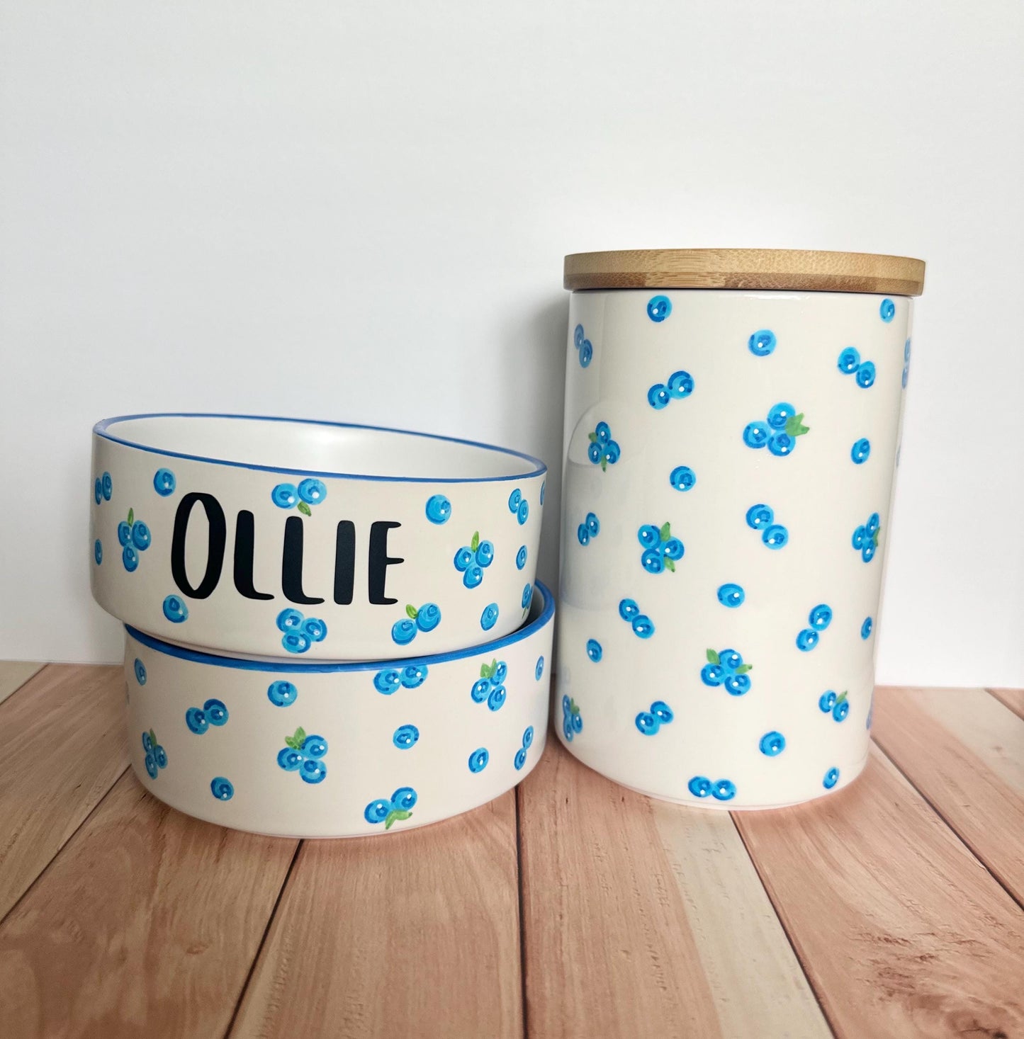 Personalized & Hand-painted Blueberry Pet Bowl Set SMALL with Treat Jar Bundle: Custom Pet Gift