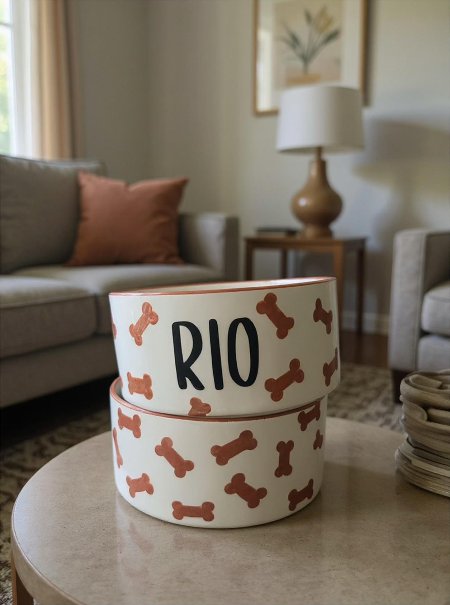 Custom Brown Dog Bone Bowl Set – Hand-Painted Ceramic Food & Water Dishes, Personalized Pet Gift for Dog Lovers