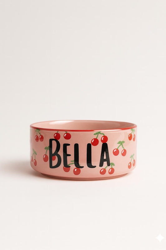 Personalized Pink Cherry Pet Bowl: Hand-Painted Ceramic Food or Water Dish