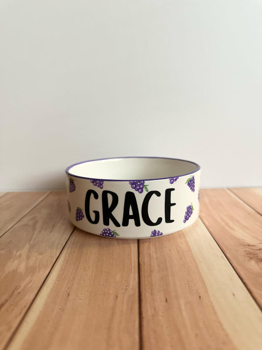 Personalized Grape Pet Bowl: Hand-Painted Ceramic Food or Water Dish