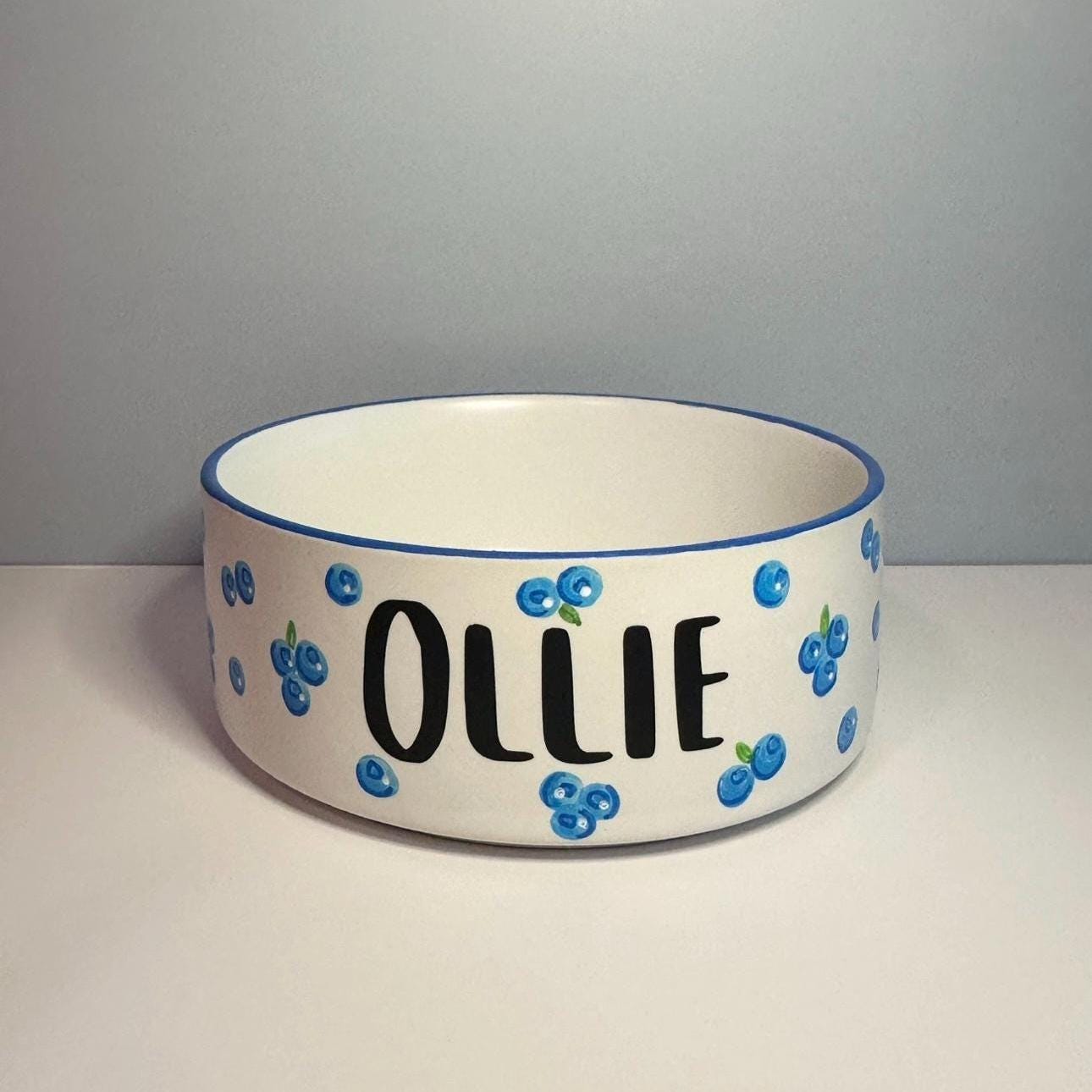 Personalized Hand-Painted Ceramic Pet Bowl: Blueberry Design