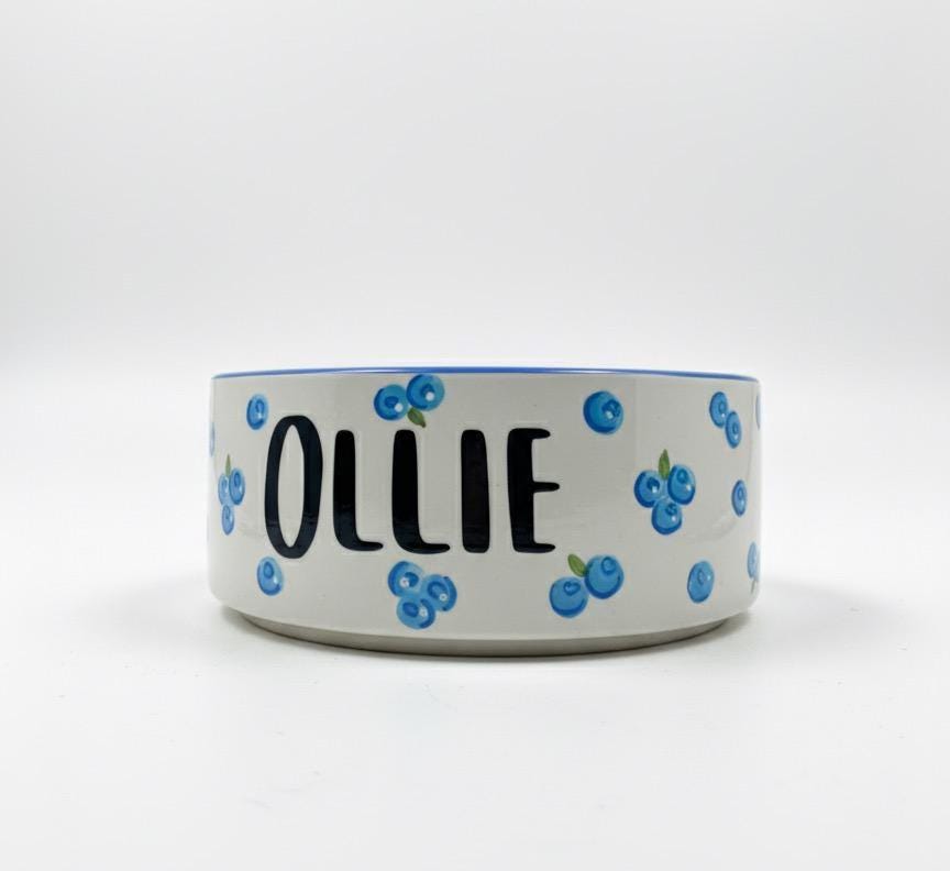 Personalized Hand-Painted Ceramic Pet Bowl: Blueberry Design