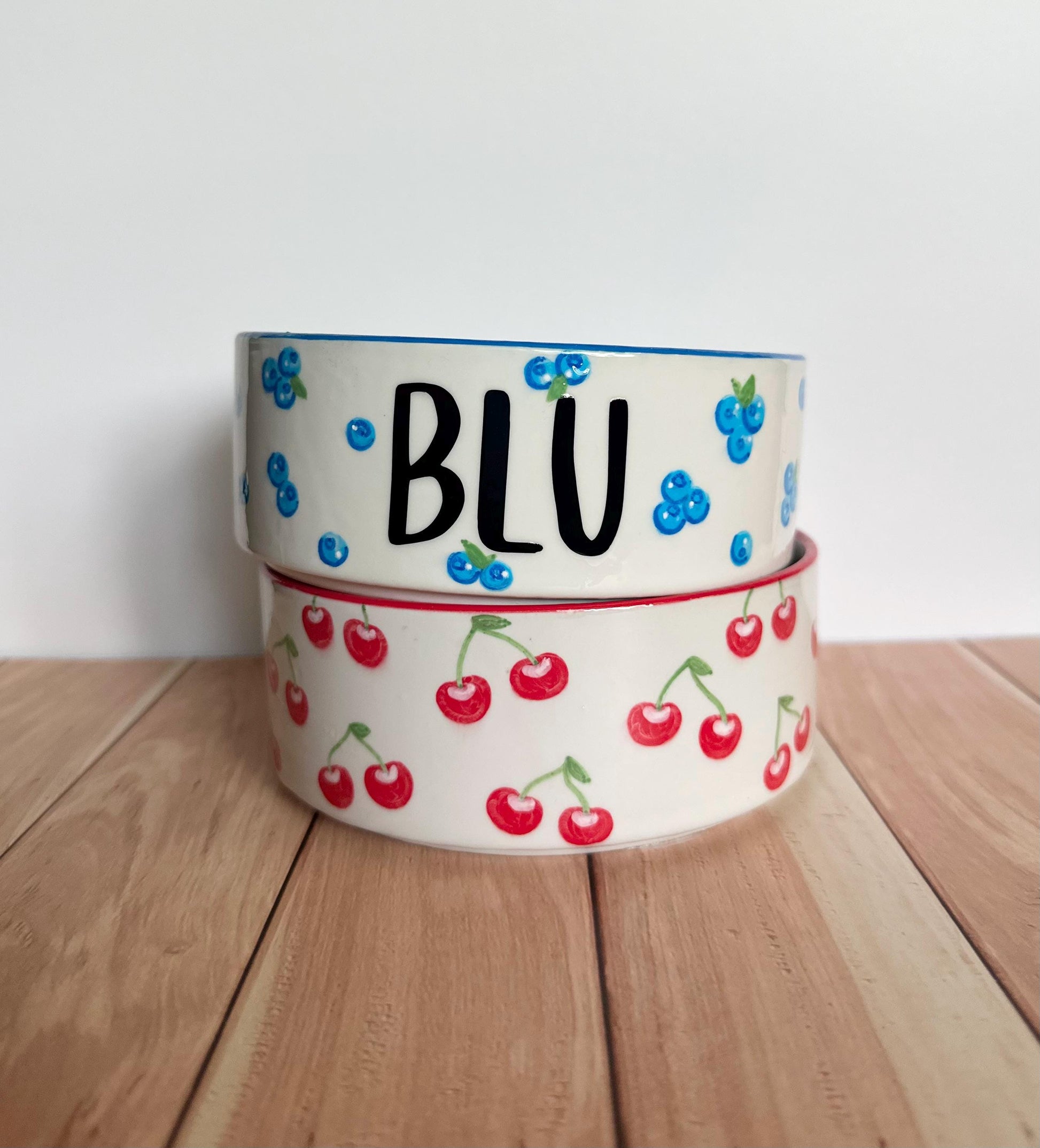Personalized Hand-Painted Ceramic SMALL Dog and Cat Bowl Set: Fruit Design, Custom Name