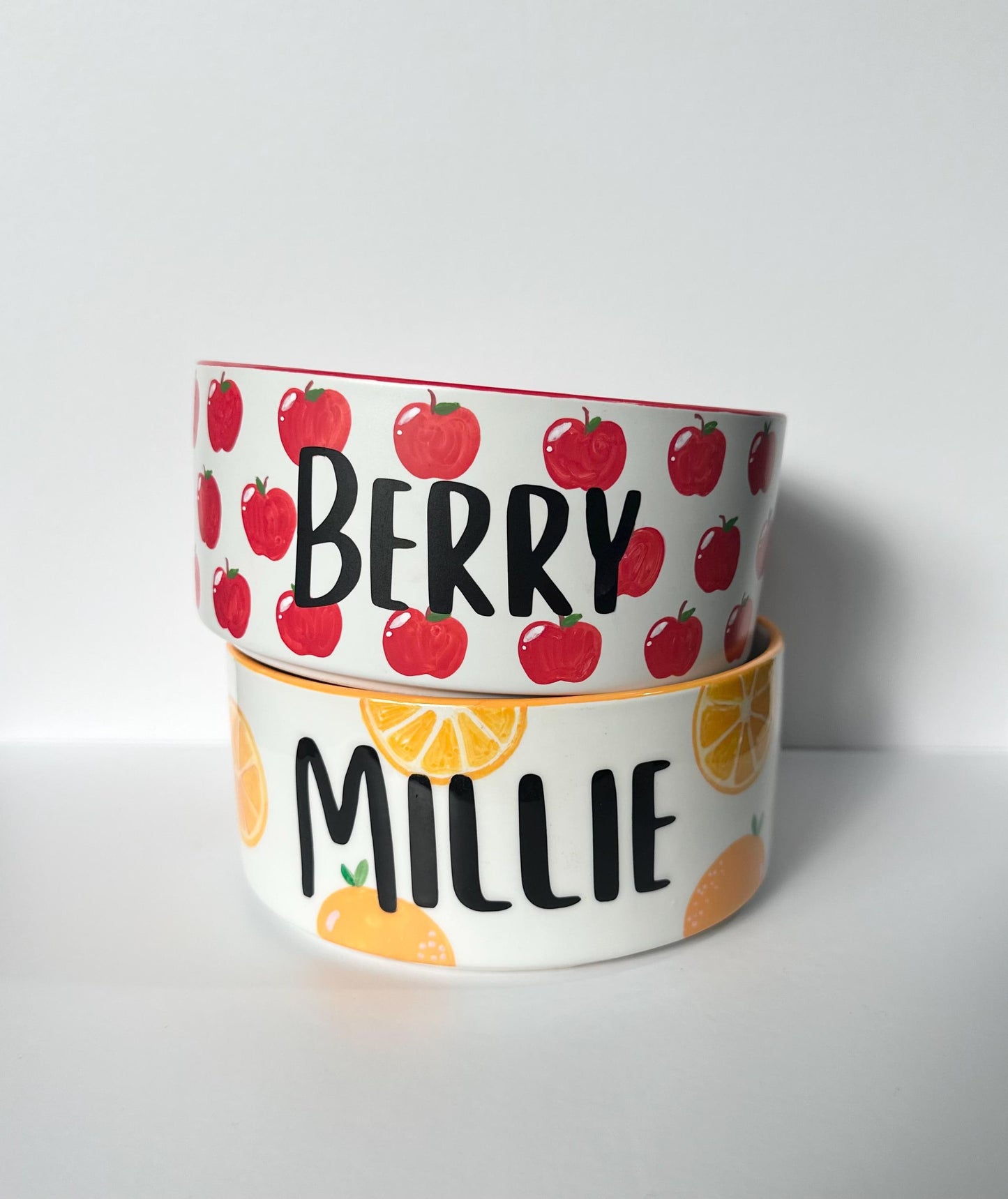 Personalized Hand-Painted Ceramic SMALL Dog and Cat Bowl Set: Fruit Design, Custom Name