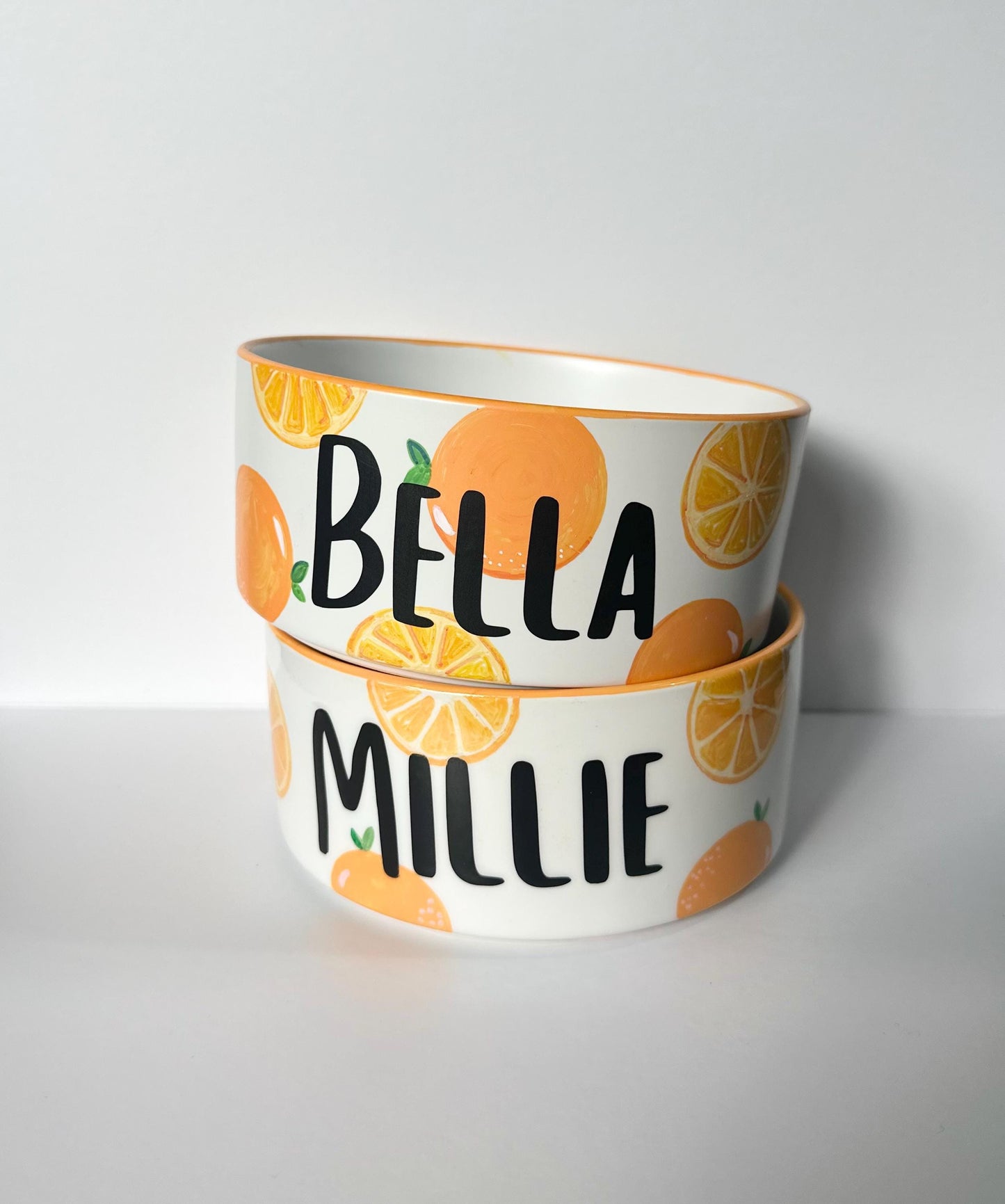 Personalized Hand-Painted Ceramic SMALL Dog and Cat Bowl Set: Fruit Design, Custom Name